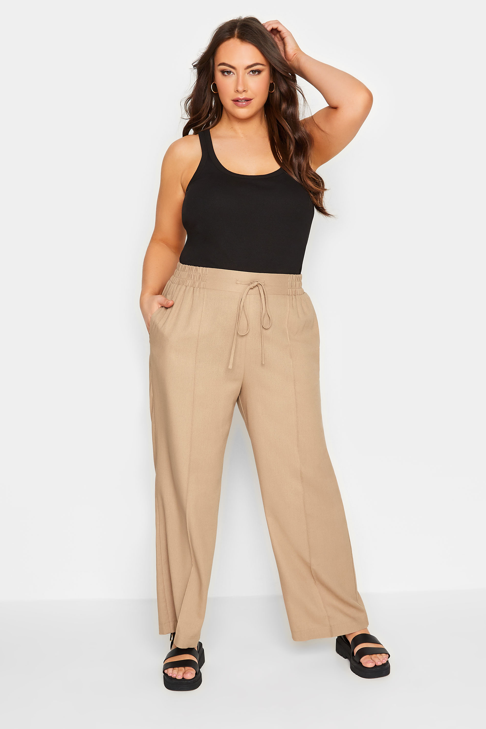 YOURS Curve Plus Size Beige Brown Wide Leg Linen Trousers | Yours Clothing  2