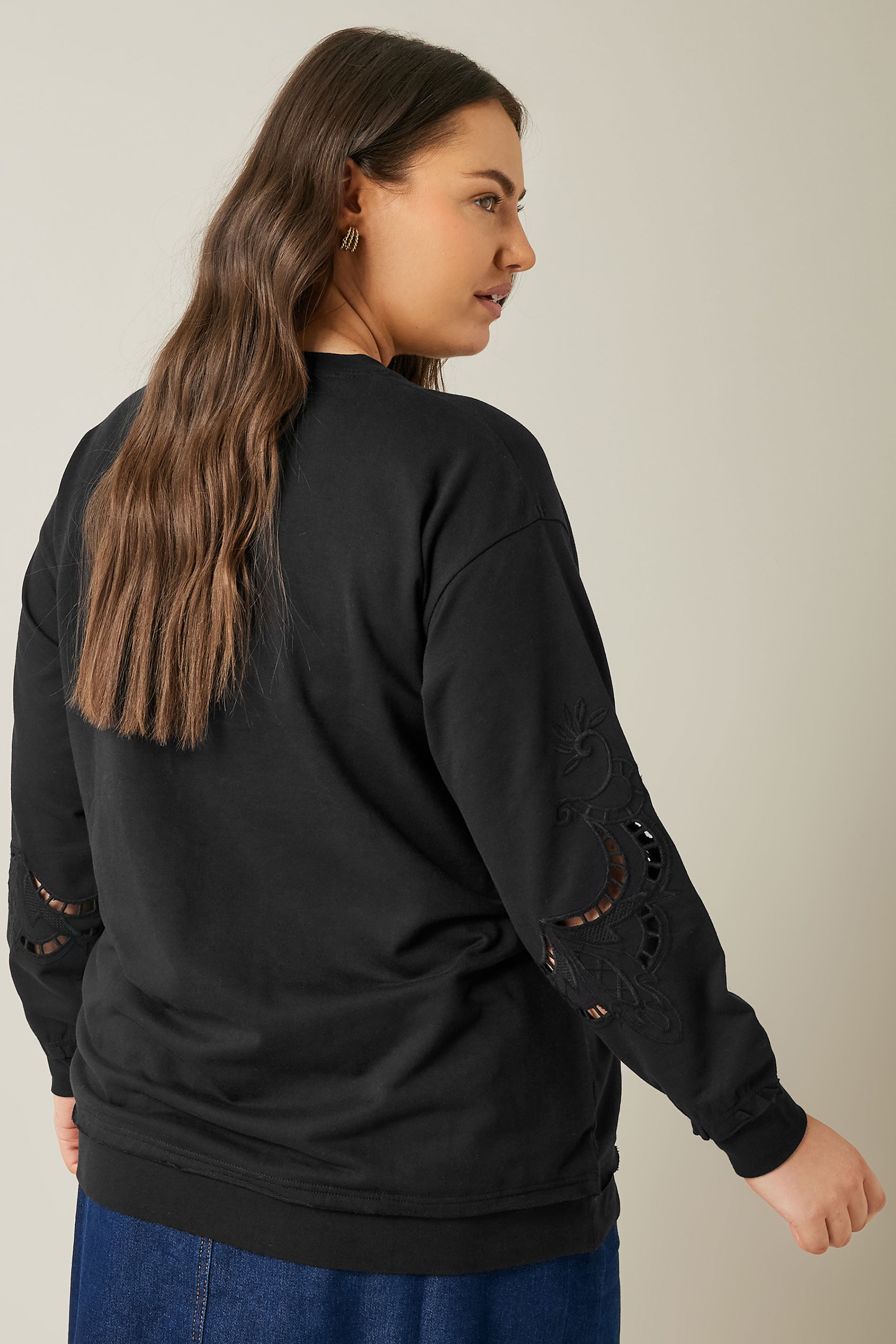 EVANS Plus Size Black Cutwork Crew Neck Sweatshirt | Evans 2