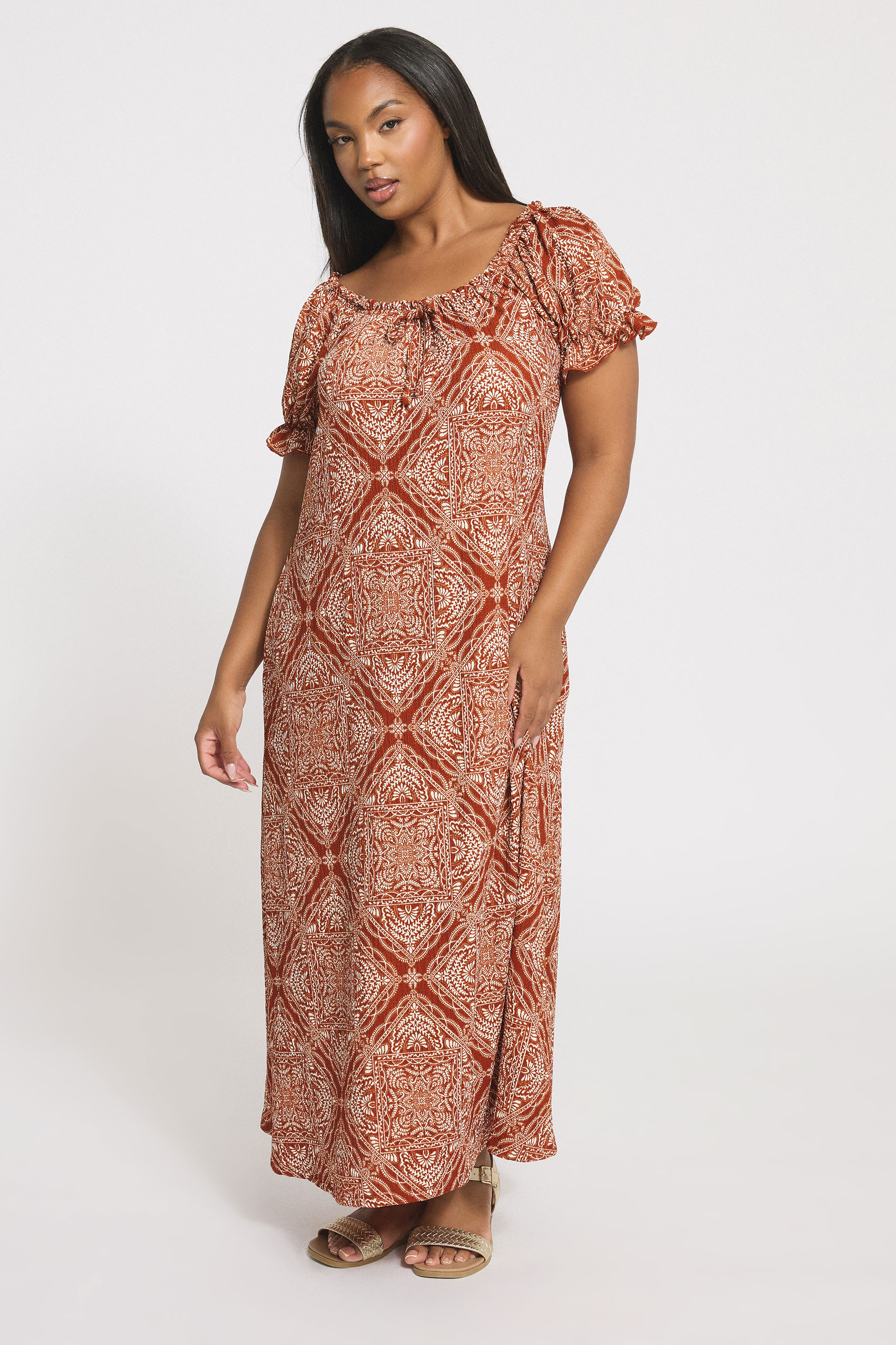 YOURS Plus Size Rust Brown Paisley Textured Milkmaid Dress | Yours Clothing 1