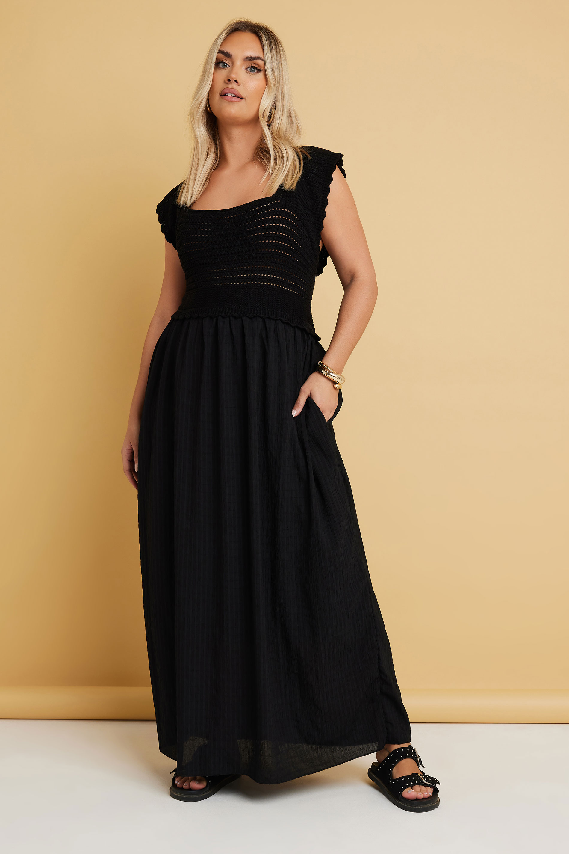 YOURS Plus Size Black Crochet Detail Woven Dress | Yours Clothing 1