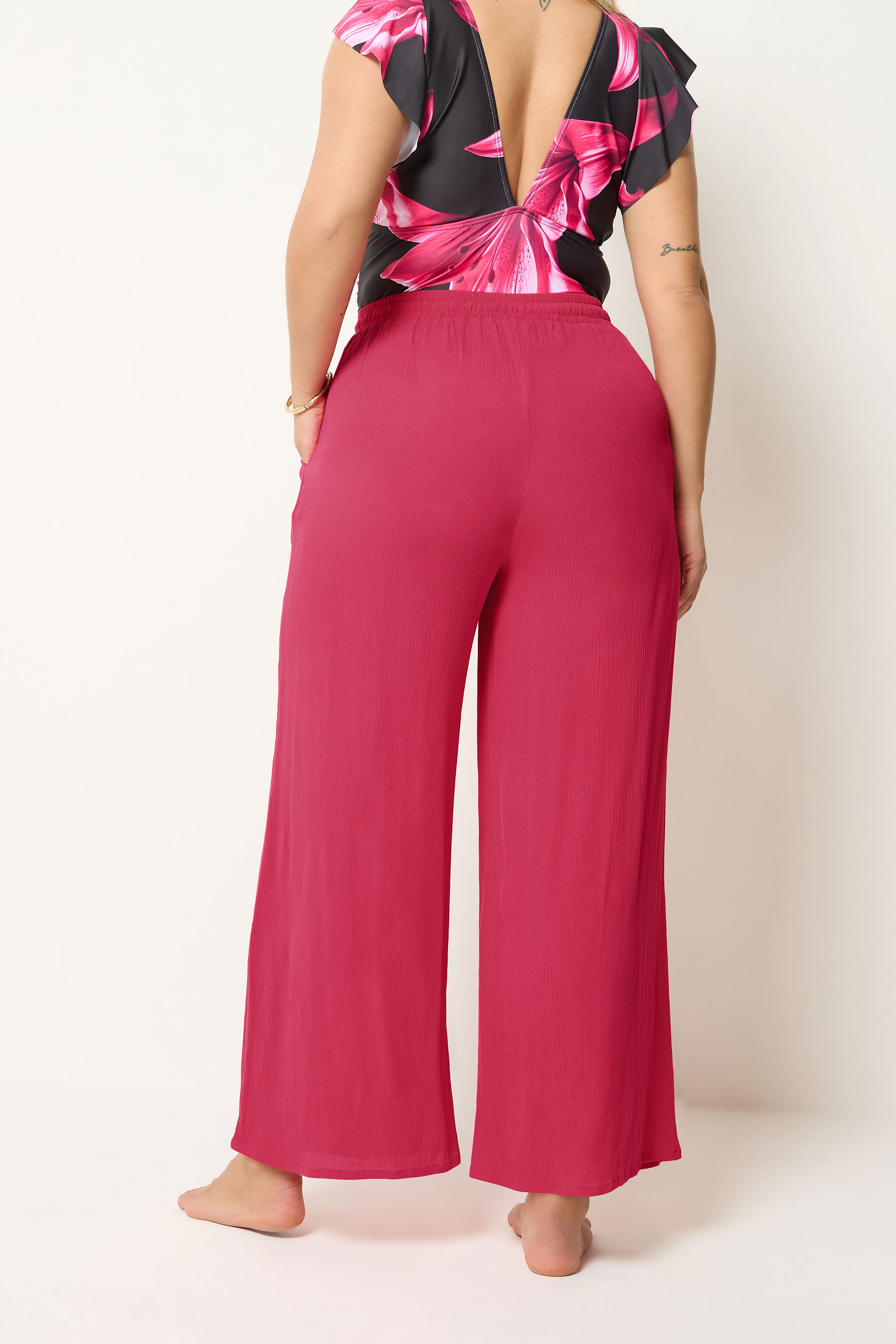 YOURS Plus Size Hot Pink Crinkle Texture Wide Leg Trousers | Yours Clothing 2