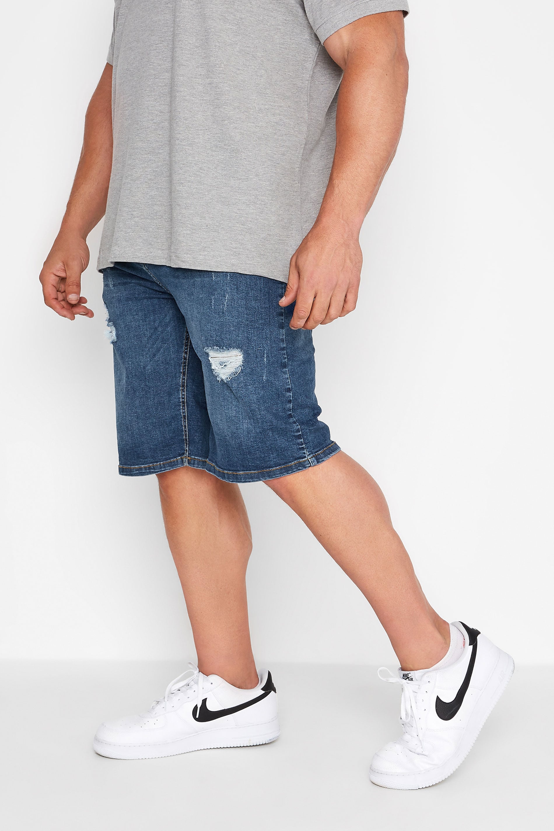 BadRhino Big & Tall Mid Blue Ripped Denim Shorts | BadRhino 3