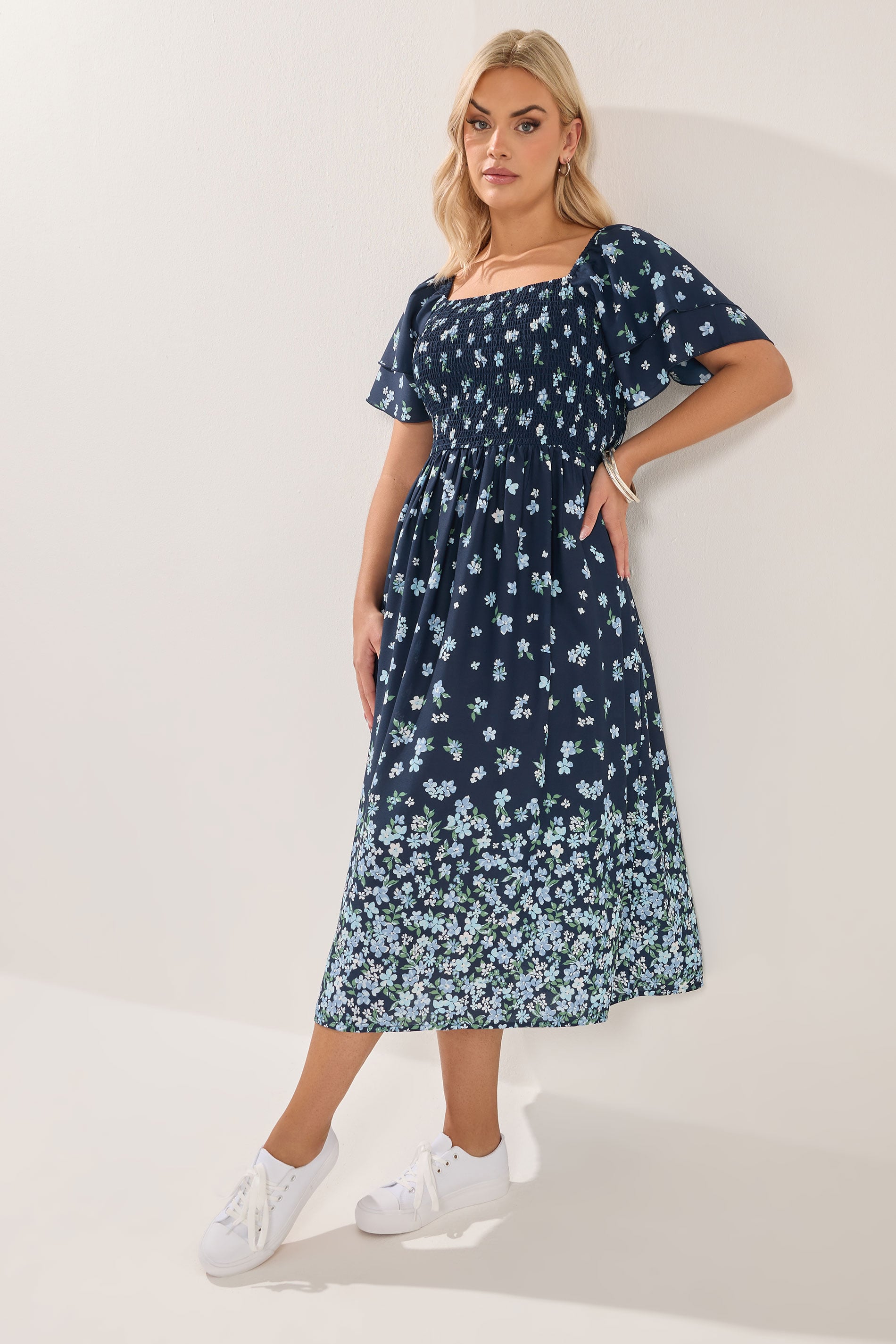 YOURS Plus Size Navy Blue Floral Shirred Maxi Dress | Yours Clothing 3