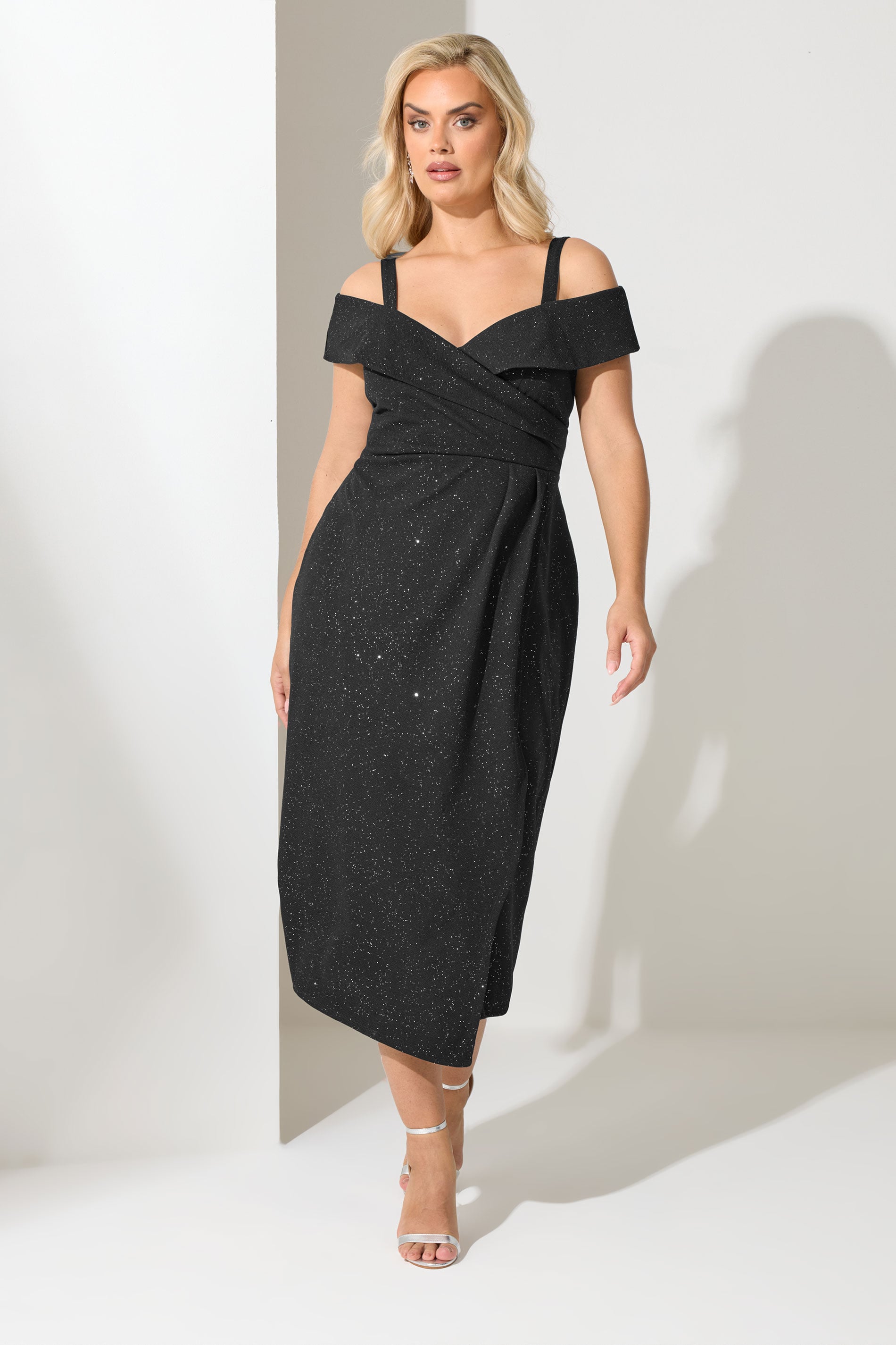 YOURS LONDON Plus Size Black Bardot Glitter Skater Dress | Yours Clothing 1