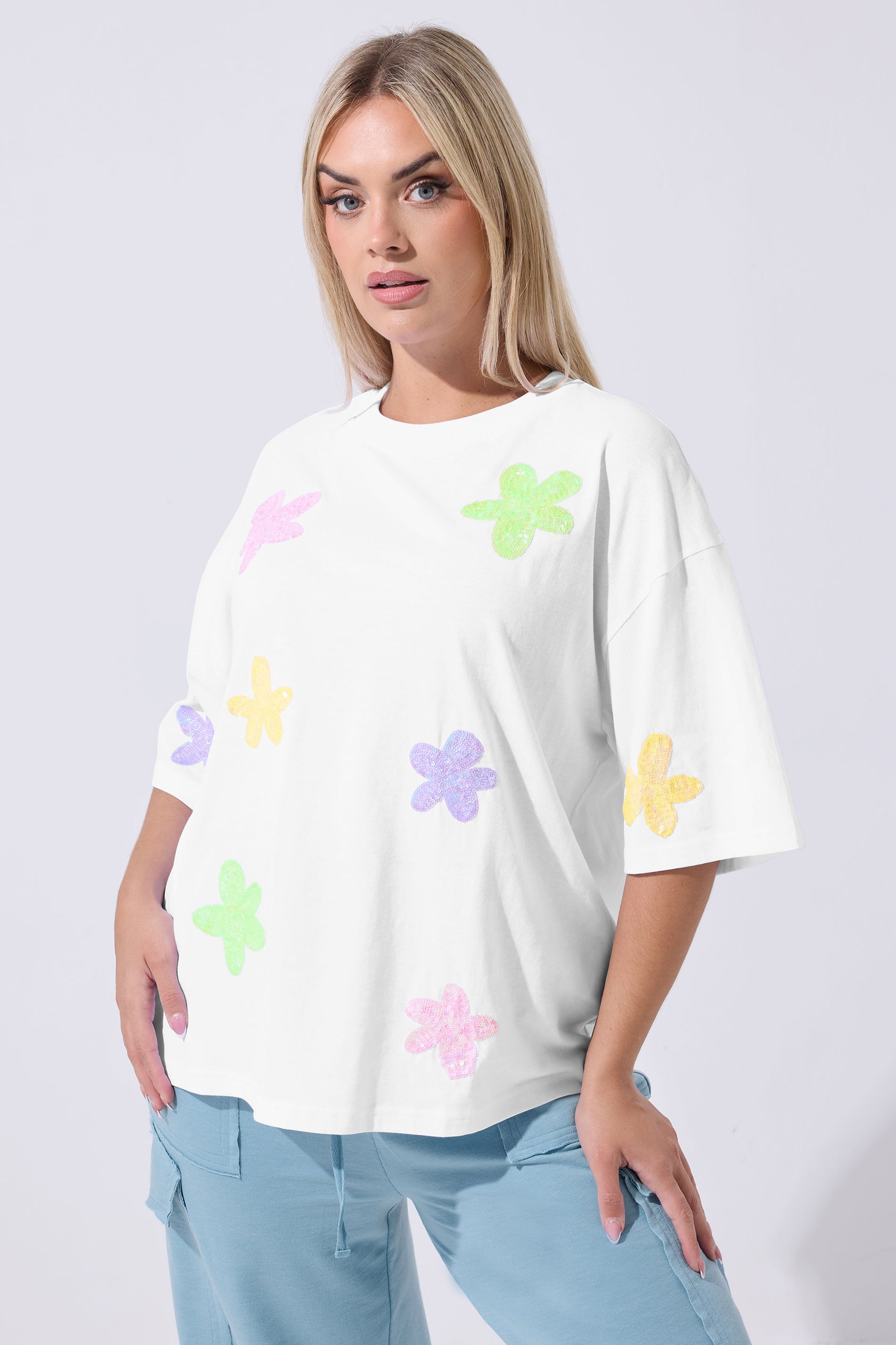 LIMITED COLLECTION Plus Size White Sequin Floral Boxy T-Shirt | Yours Clothing 3