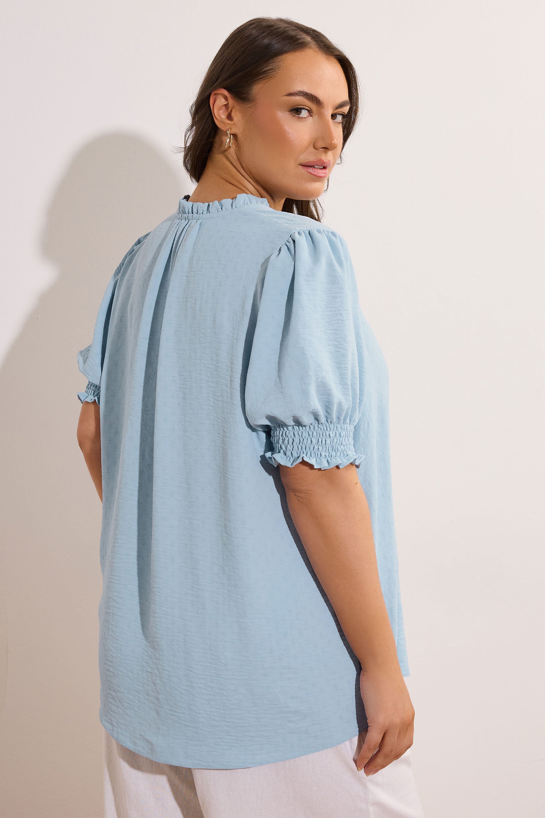 EVANS Plus Size Light Blue Frilled Tie Neck Blouse | Evans 2