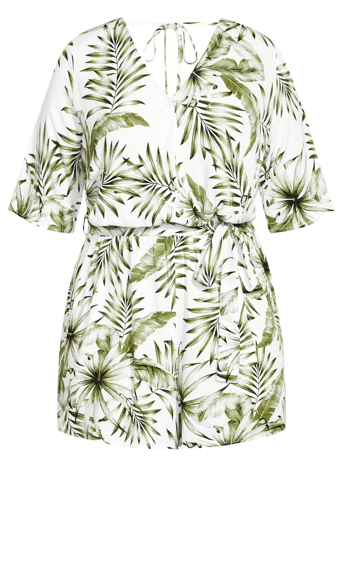 Plus Size Palm Love Sleeved Tie Waist Playsuit Ivory 3