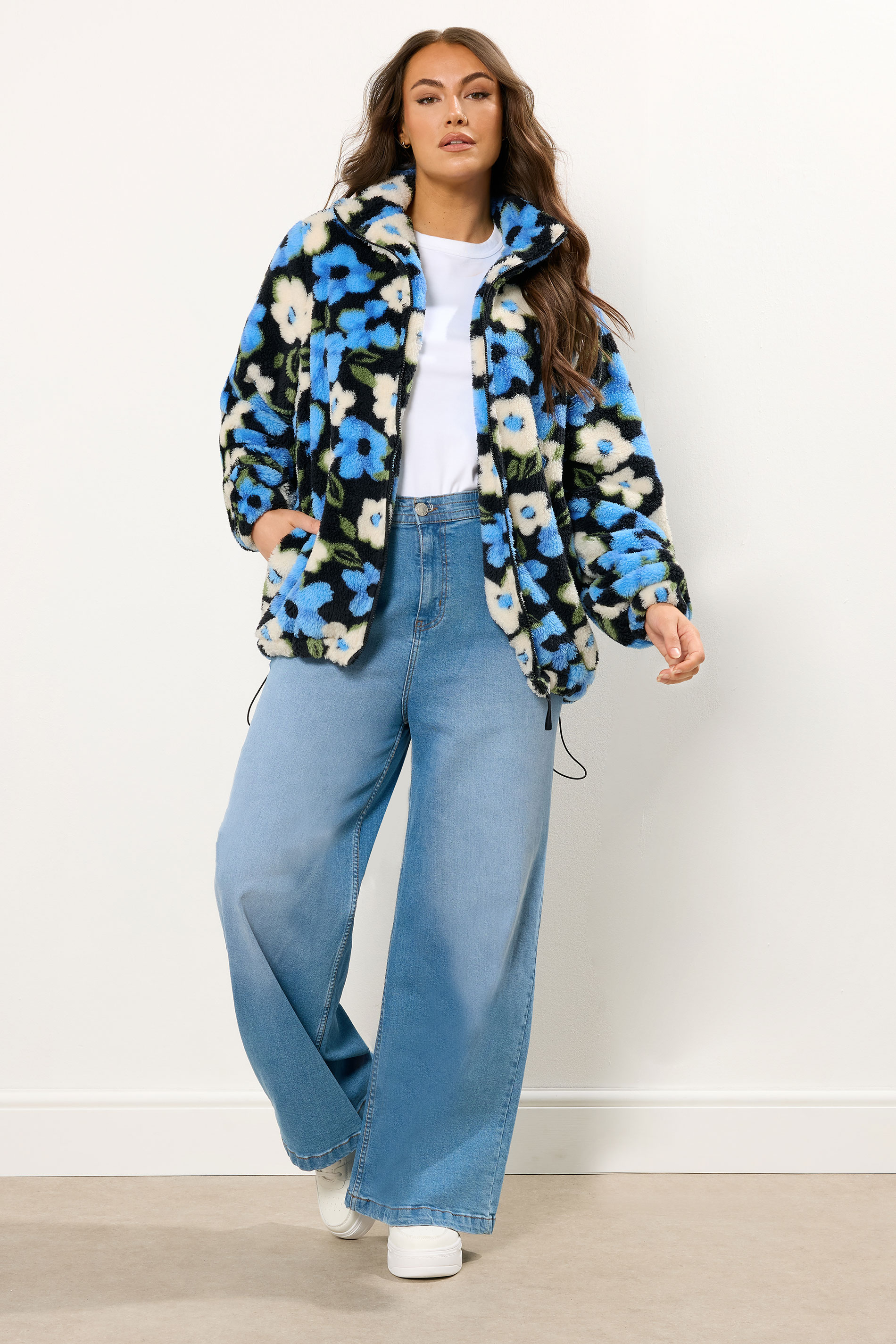 YOURS Plus Size Black & Blue Floral Fleece Jacket | Yours Clothing 2