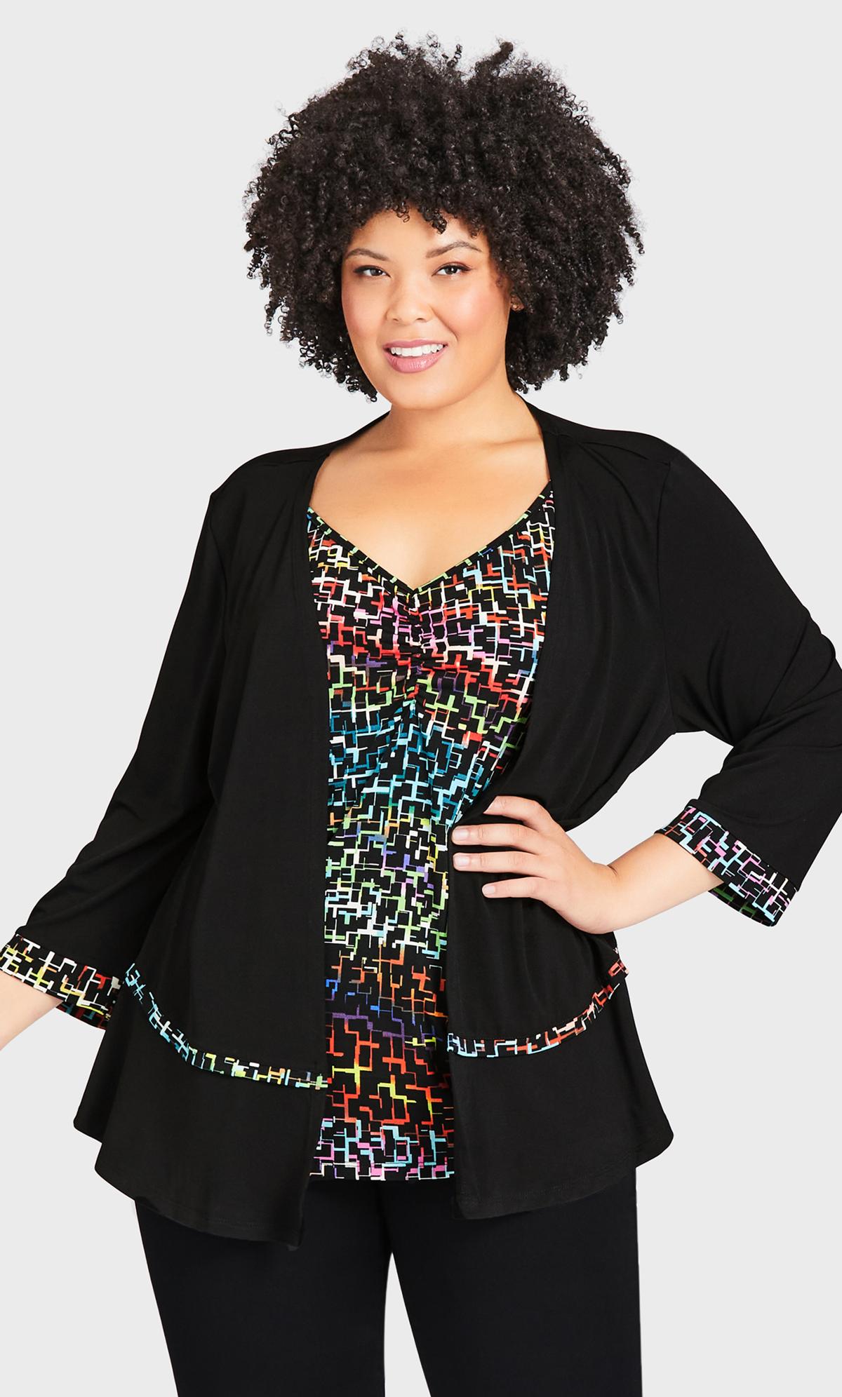 Plus Size Abstract Duet Top Jigsaw Multicolour Print Attached Black Cardigan 1