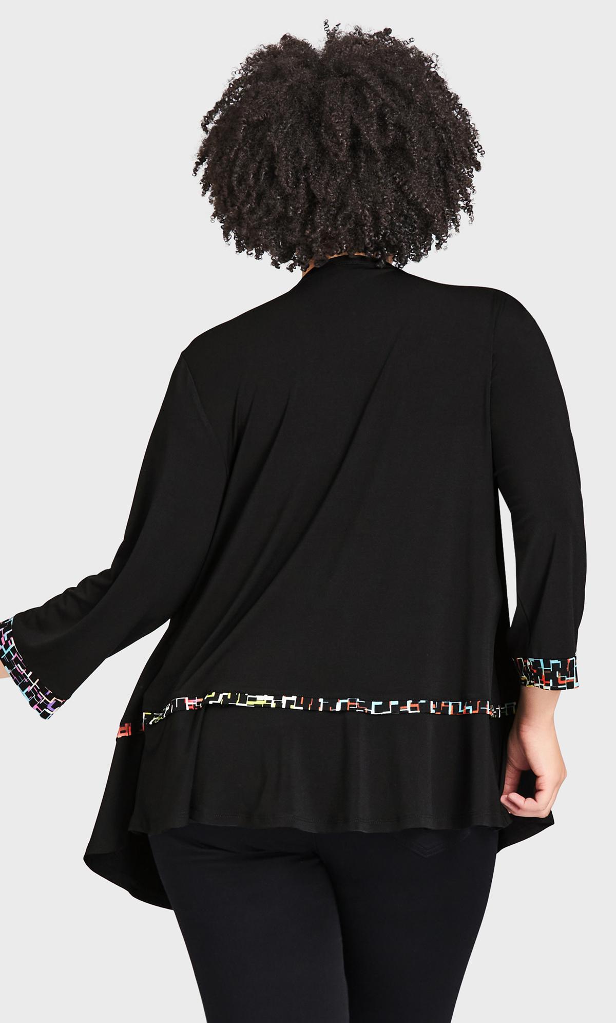 Plus Size Abstract Duet Top Jigsaw Multicolour Print Attached Black Cardigan 3