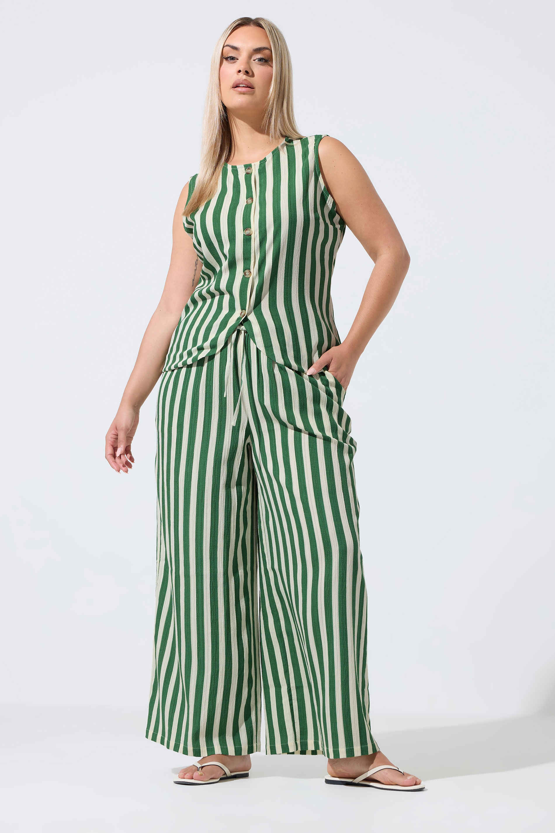 LIMITED COLLECTION Plus Size Green & White Stripe Waistcoat | Yours Clothing 1