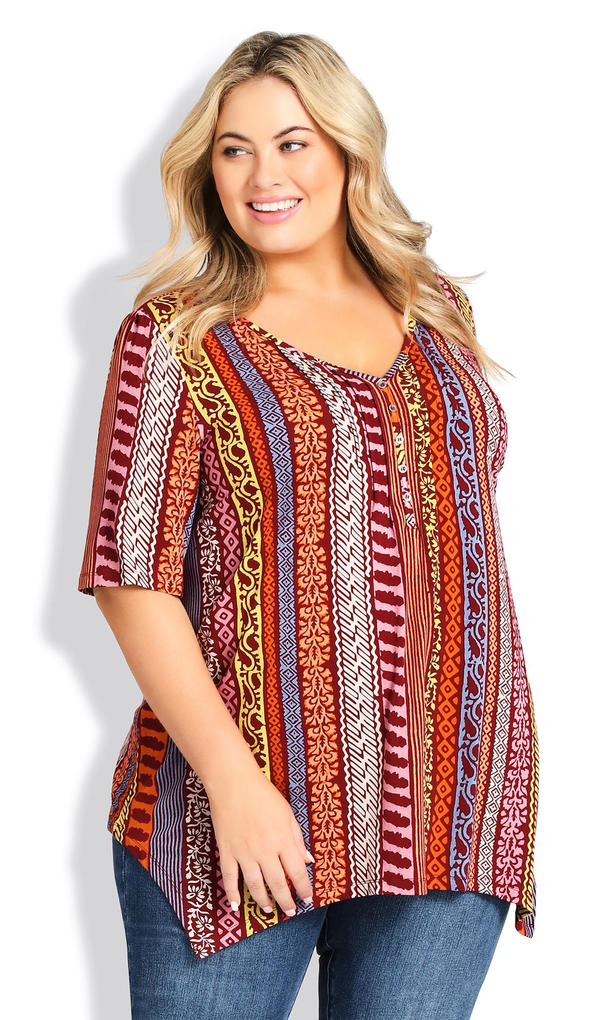 Avenue Red Aztec Print Hanky Hem Top | Evans