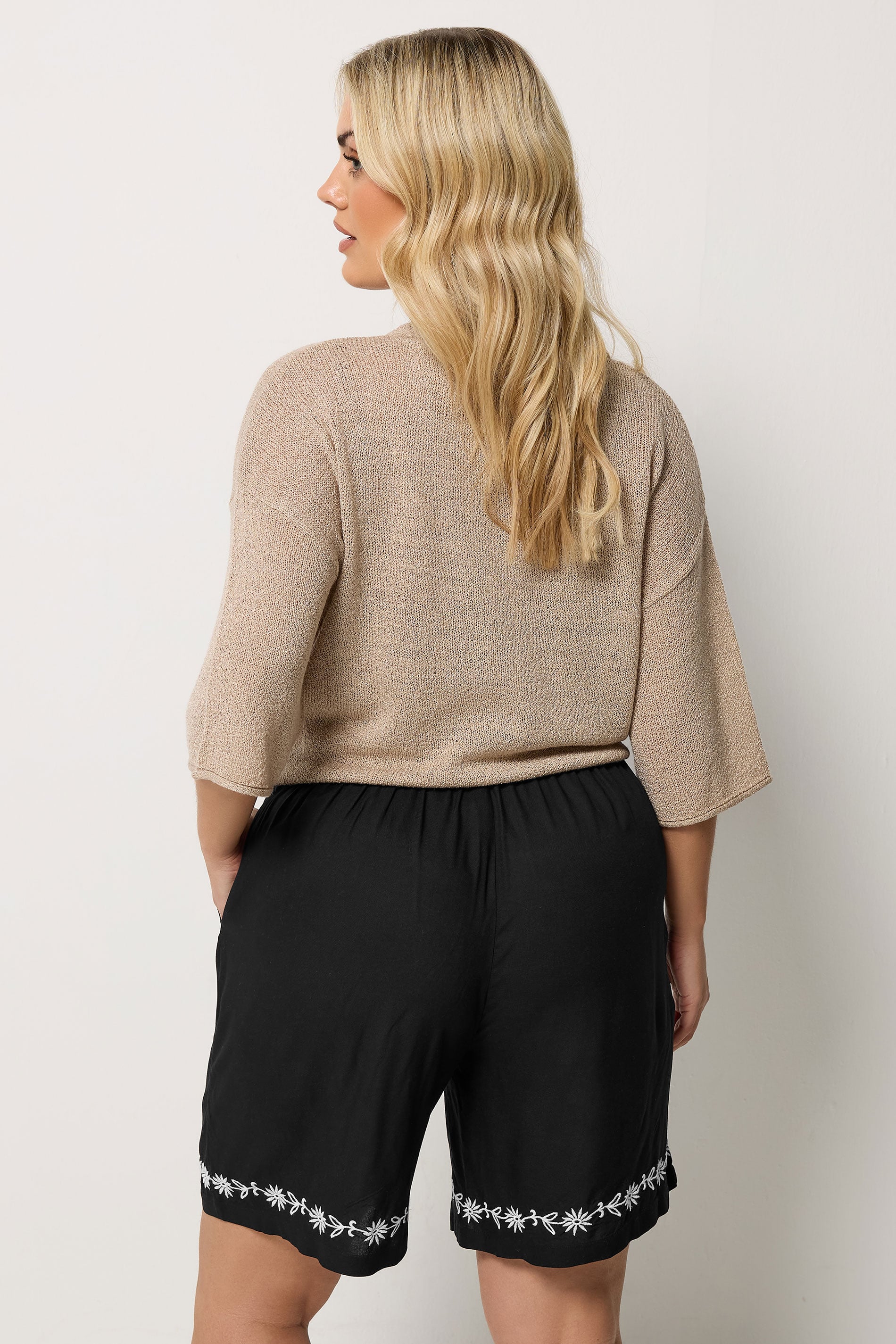 YOURS Plus Size Black Floral Embroidered Hem Shorts | Yours Clothing 2