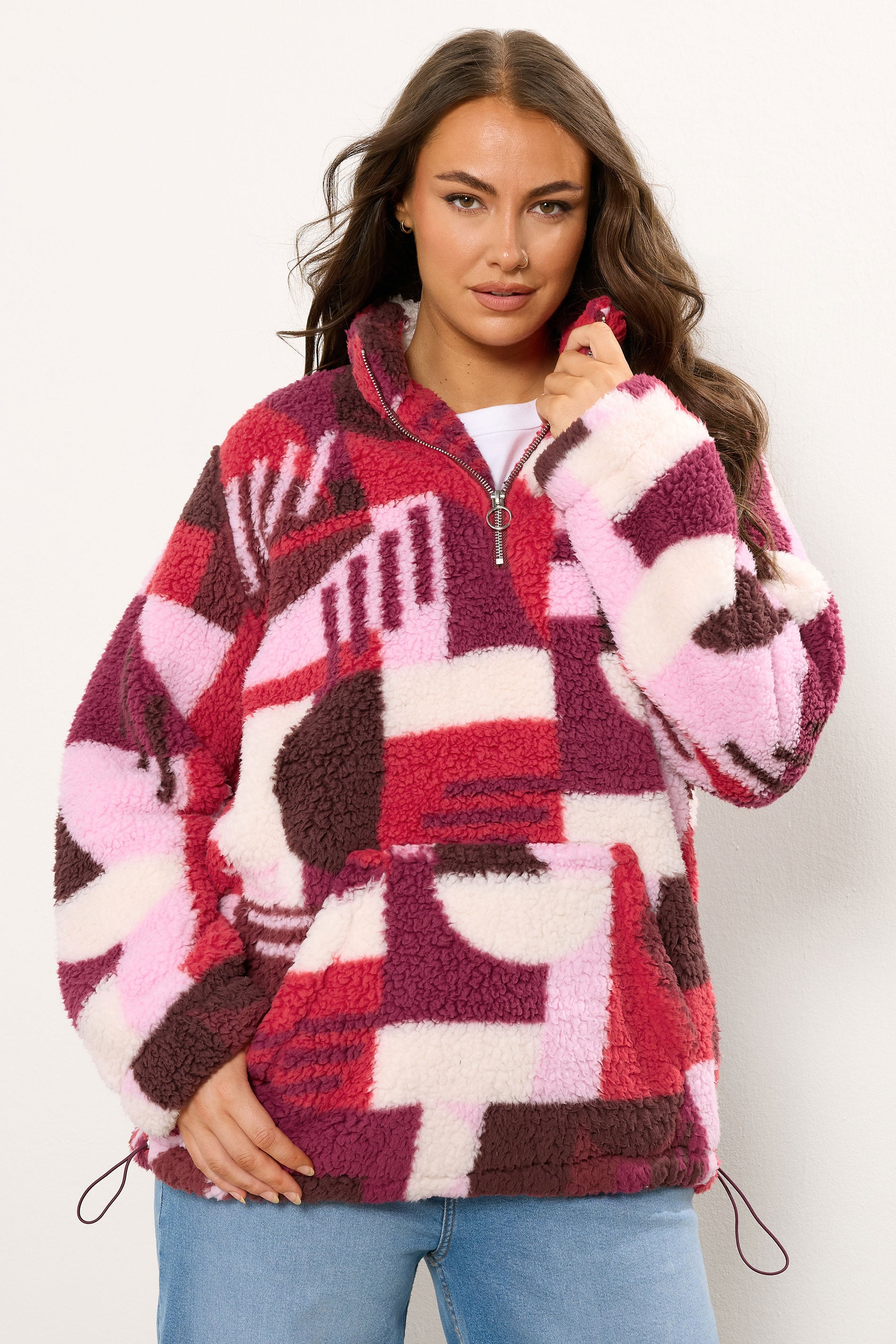 YOURS Plus Size Pink Abstract Quarter Zip Fleece | Yours Clothing 3