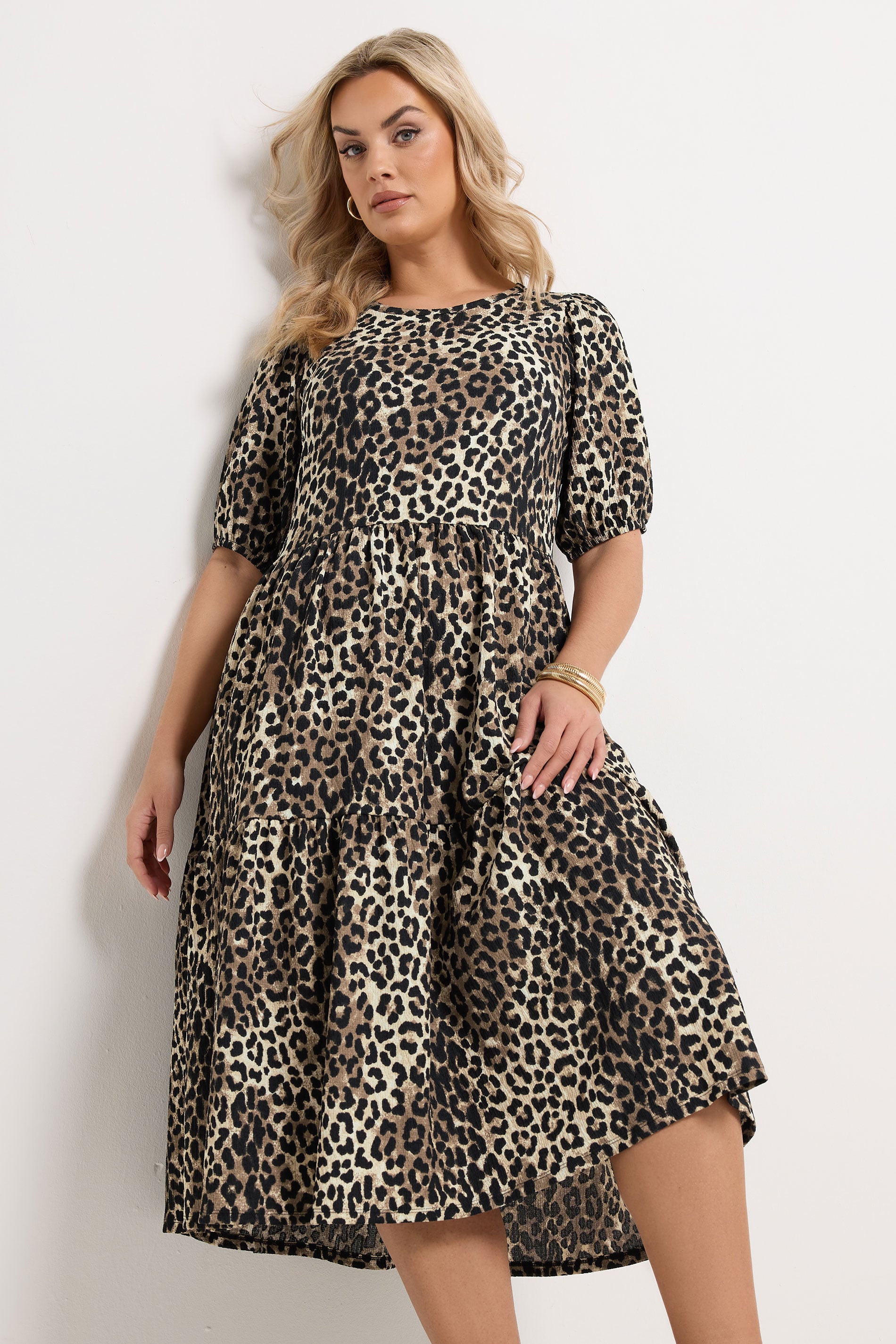 YOURS Plus Size Natural Brown Leopard Tiered Midi Dress | Yours Clothing 3