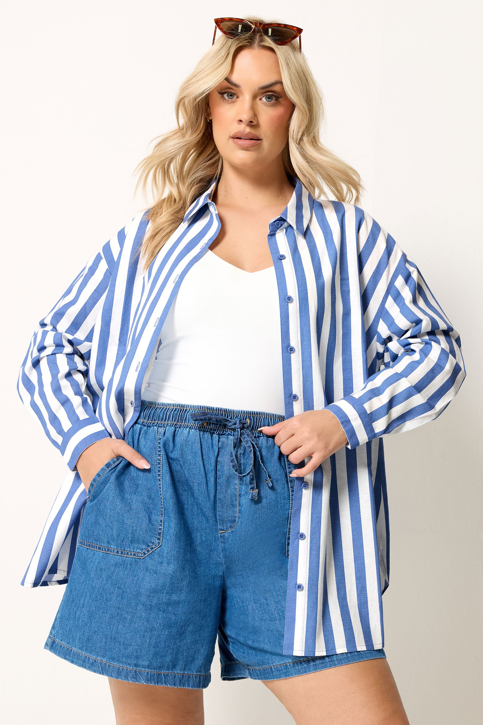 YOURS Plus Size Blue Stripe Linen Long Sleeve Shirt | Yours Clothing 3