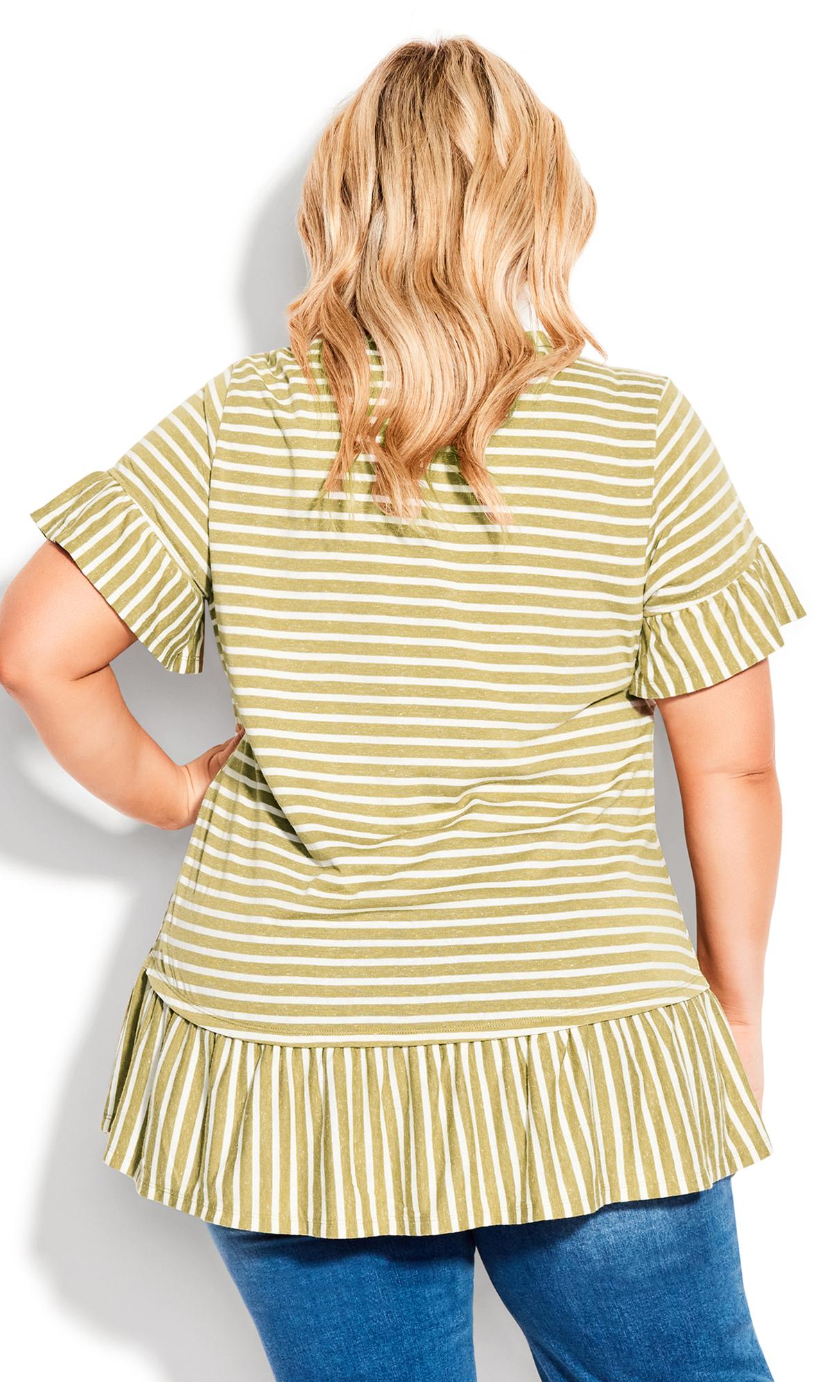 Evans Olive Green Stripe Frill Hem Short Sleeve T-Shirt 3