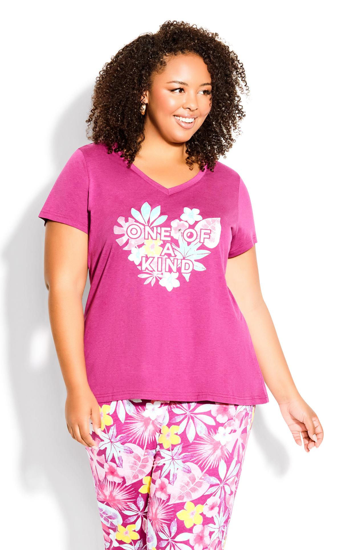 Evans Pink 'One Of A Kind' Slogan Floral Print Pyjama Top 2