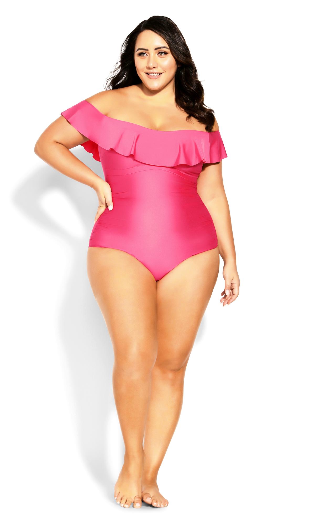 City Chic Pink Frill Bardot Swimsuit 3