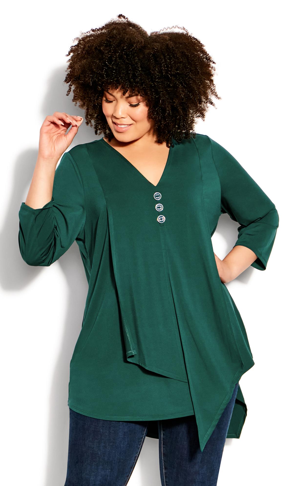 Sadie V-Neck Button Front 3/4 Sleeve Ivy Green Tunic | Evans