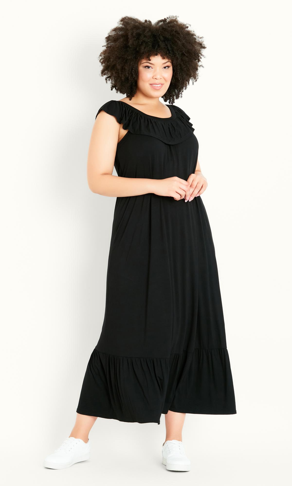 Frill Shoulder Black Maxi Plain Dress 2