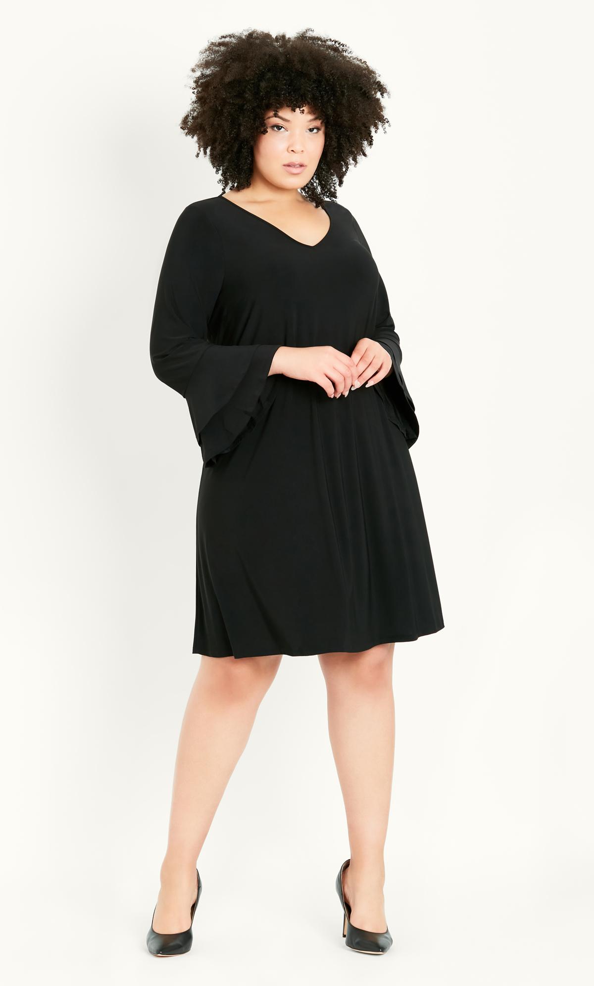Frill Sleeve Black Plain Dress 2