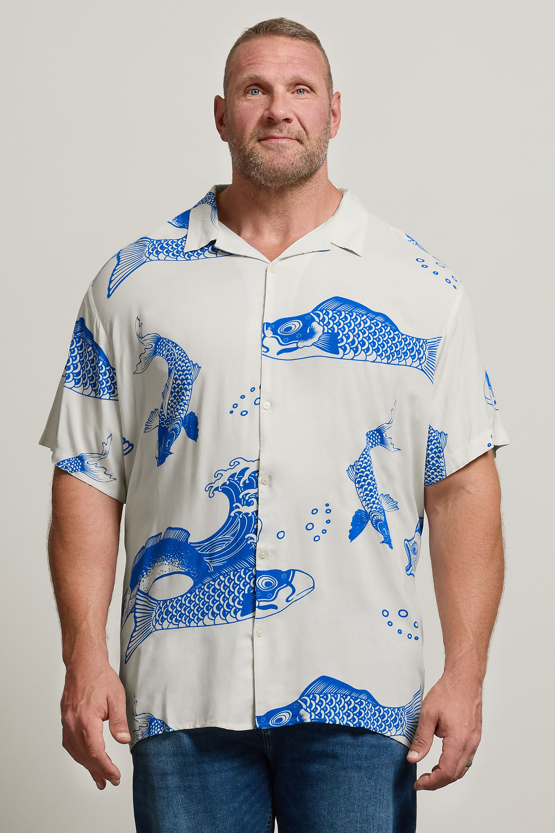 JACK & JONES Big & Tall White & Blue Koi Print Resort Shirt | BadRhino 3