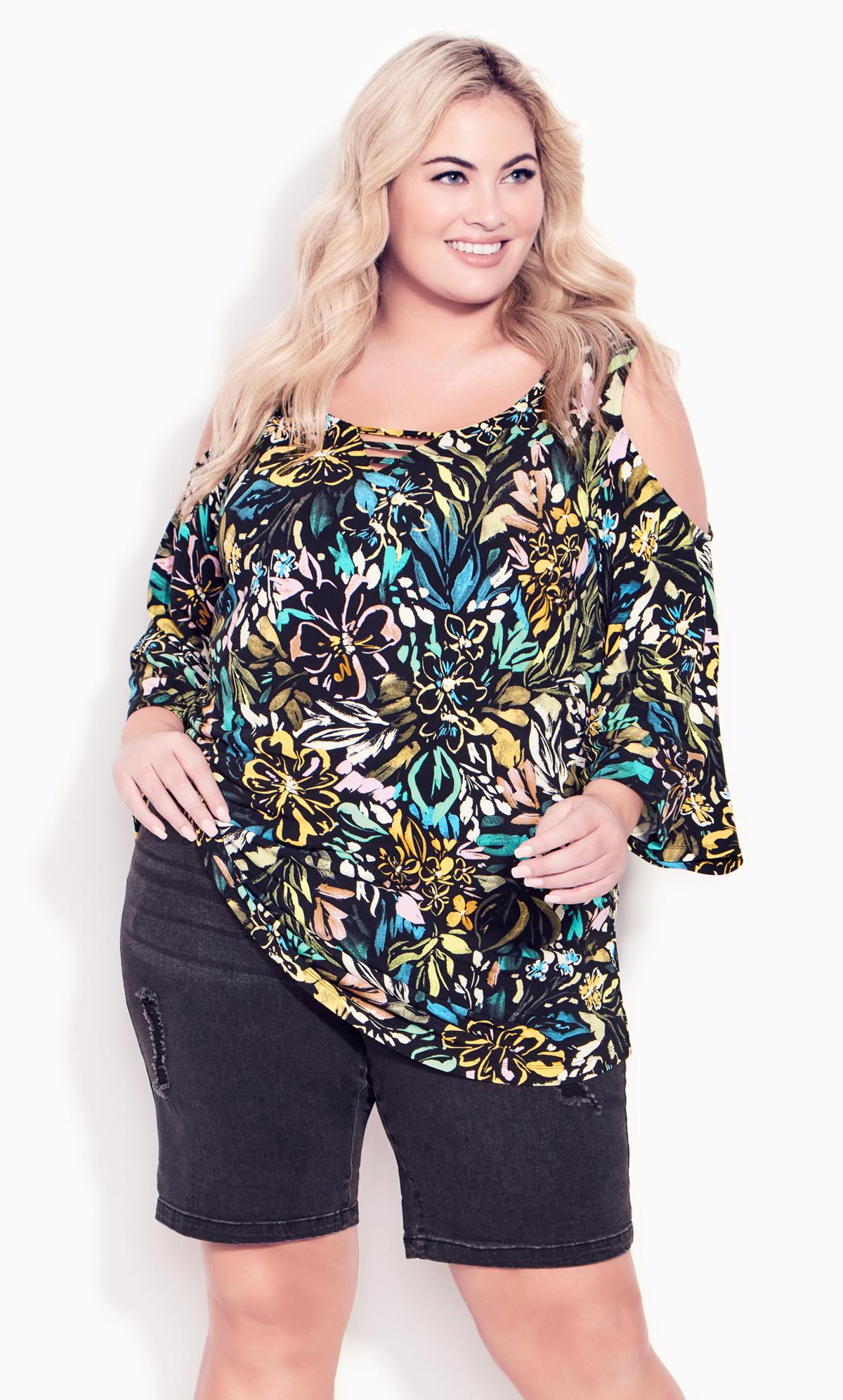 Cold Shoulder 3 Bar Multi Abstract Print Top 2