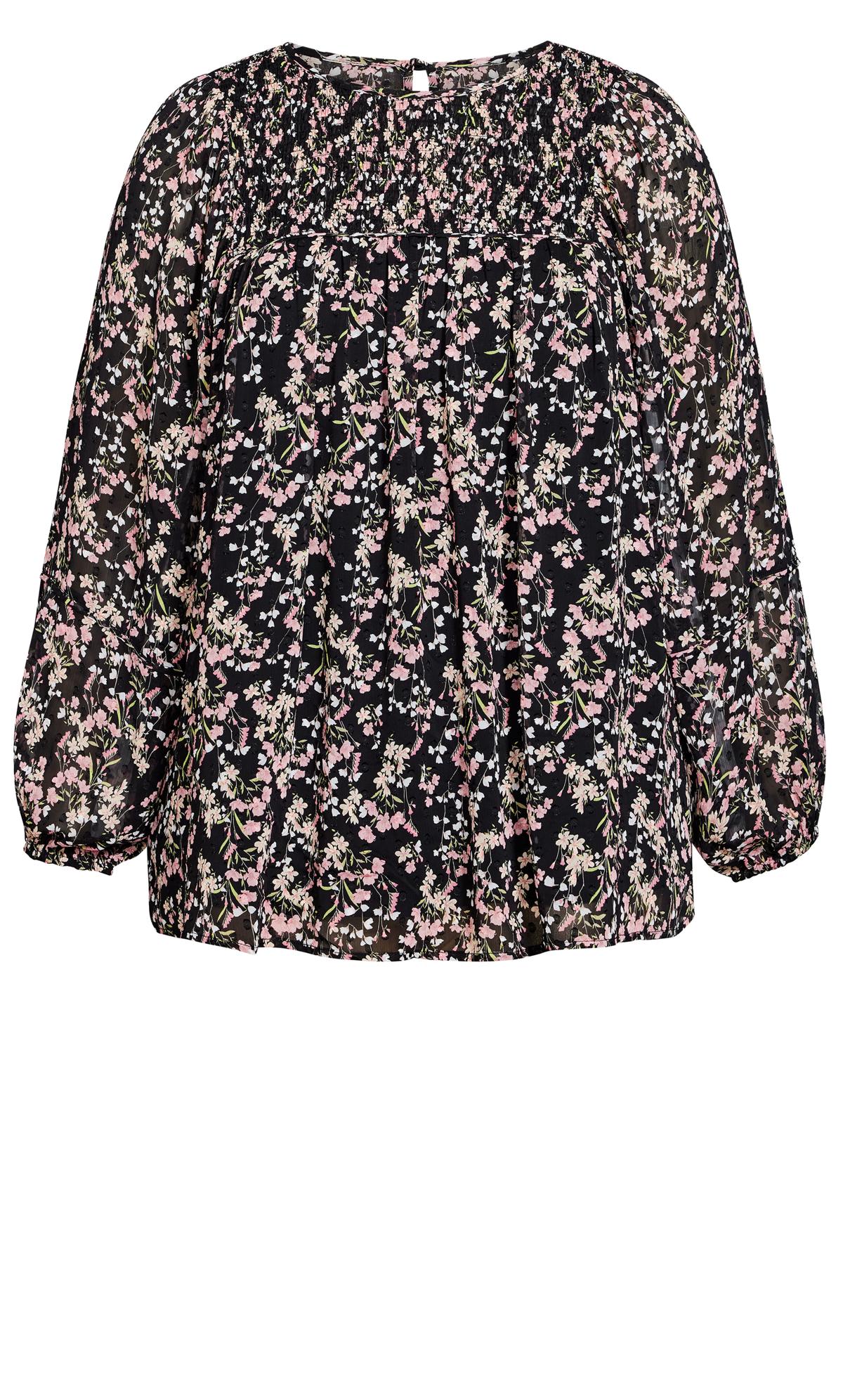 Evans Black & Pink Ditsy Print Smocked Puff Sleeve Blouse | Evans