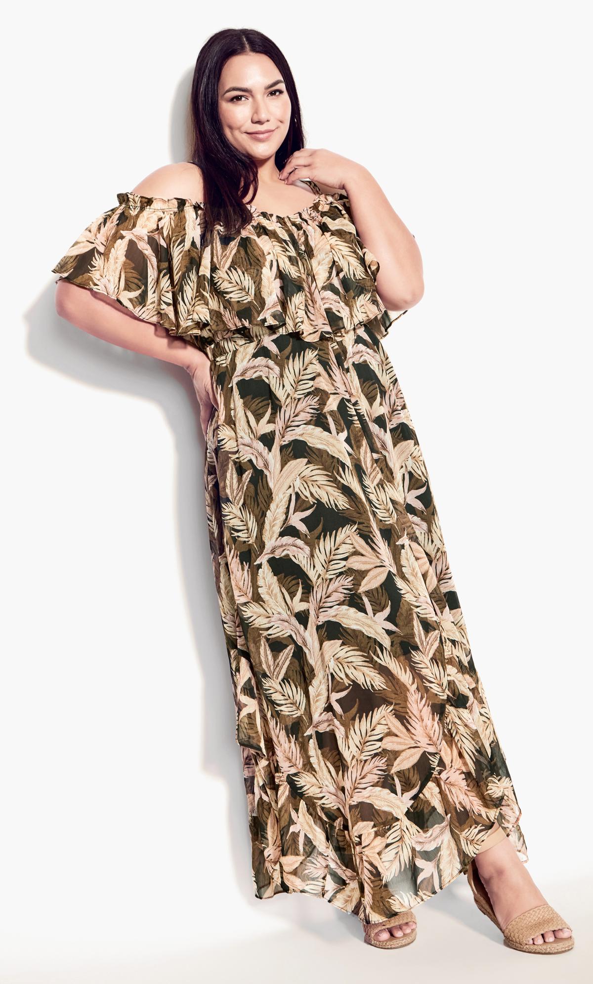 Off The Shoulder Tropical Leaf Motif Dress