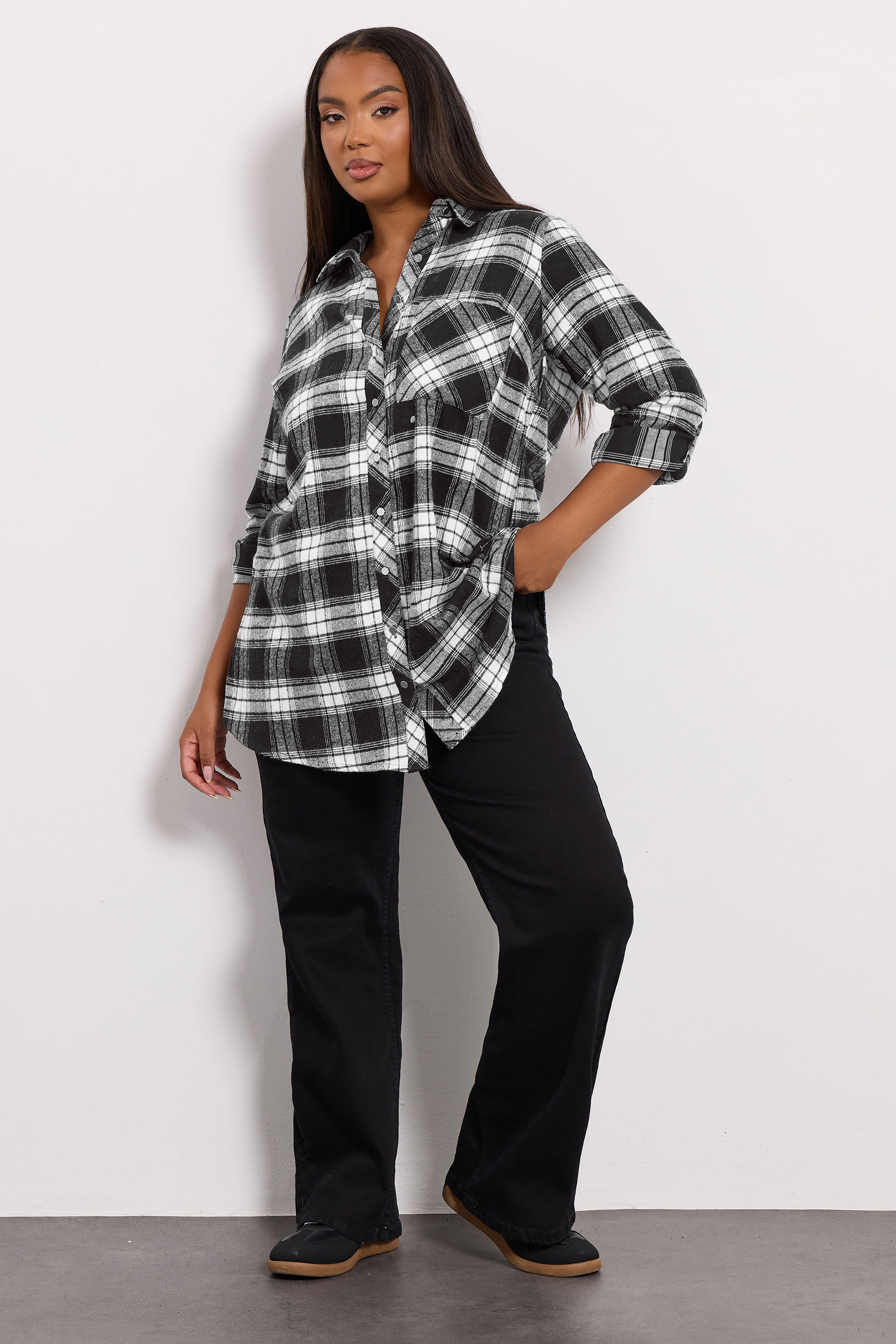 YOURS Plus Size Black Check Boyfriend Shirt | Yours Clothing 1