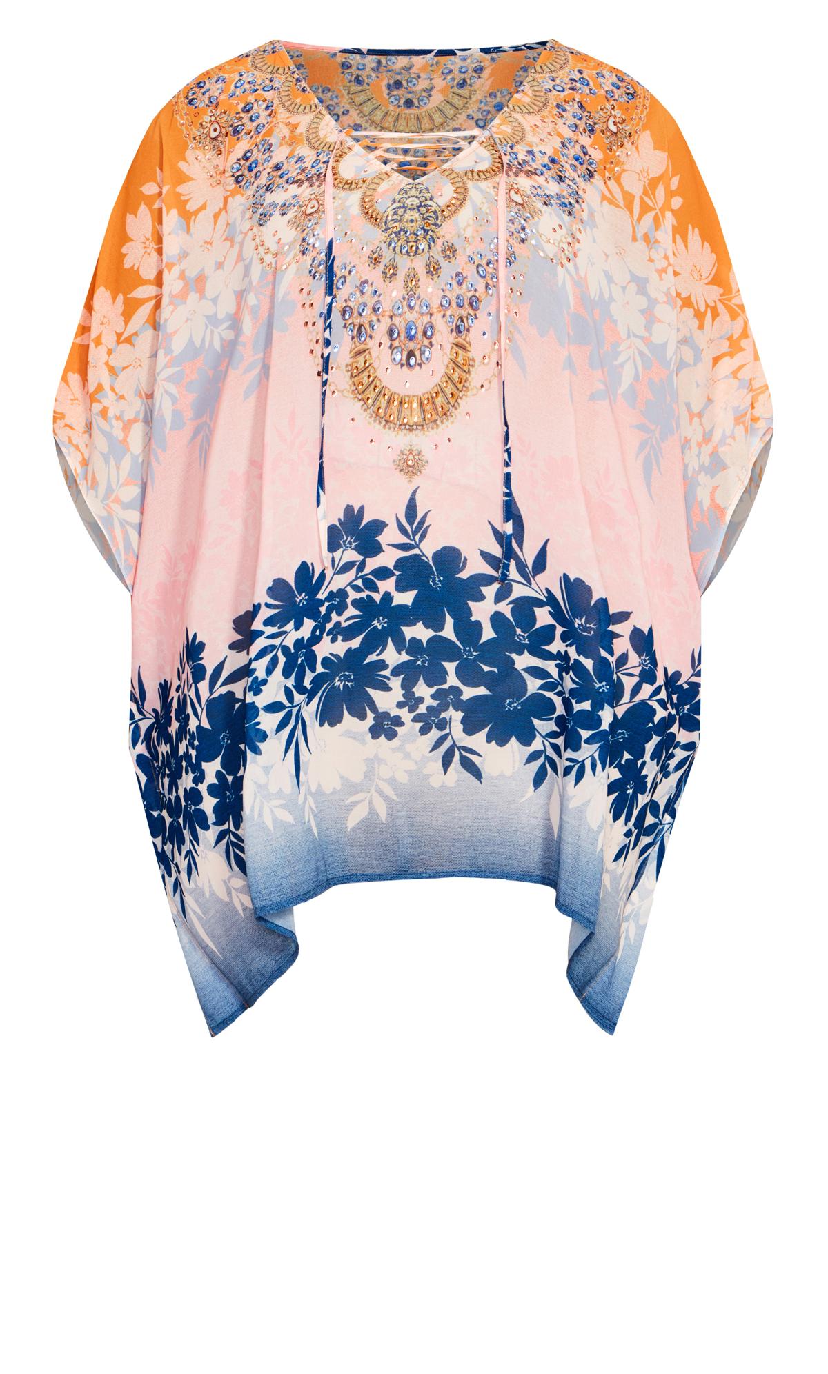 Evans Pink & Orange Floral Print Embellished Hanky Hem Top 5