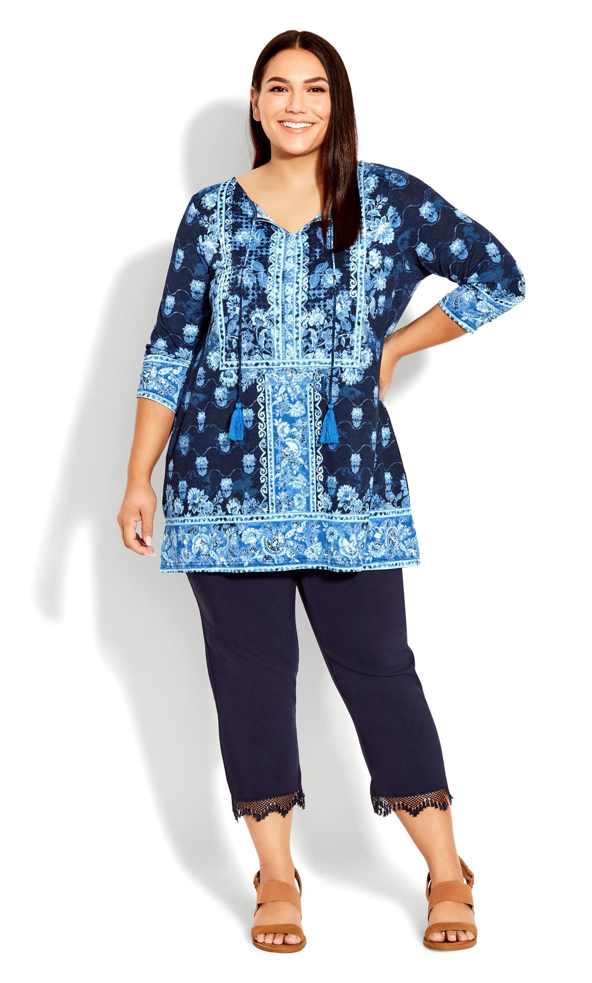 Avenue Navy Blue Paisley Border Print Tunic Top | Evans