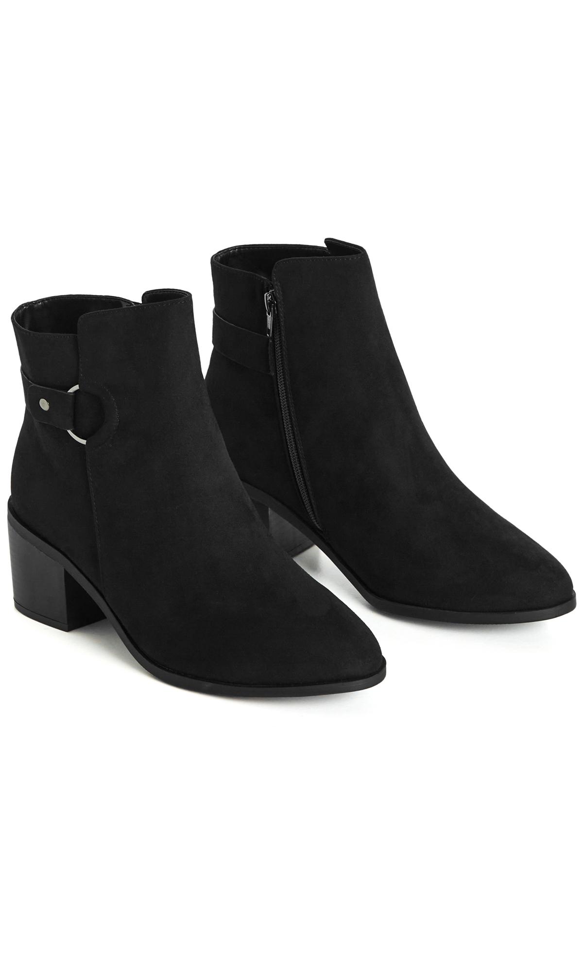 Evans Black WIDE FIT Heeled Ring Detail Ankle Boots | Evans