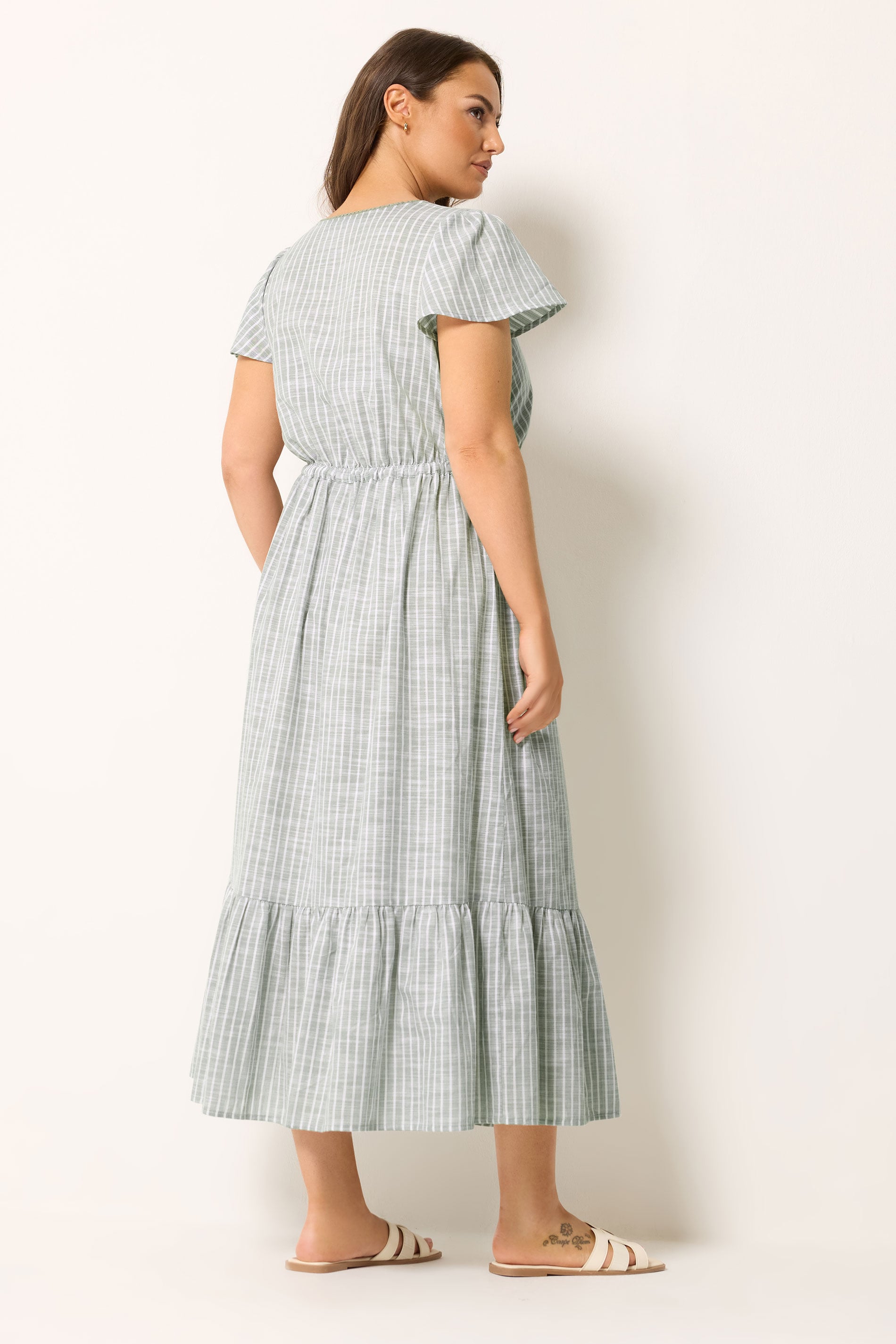 YOURS Plus Size Sage Green Stripe Angel Sleeve Dress | Yours Clothing 3