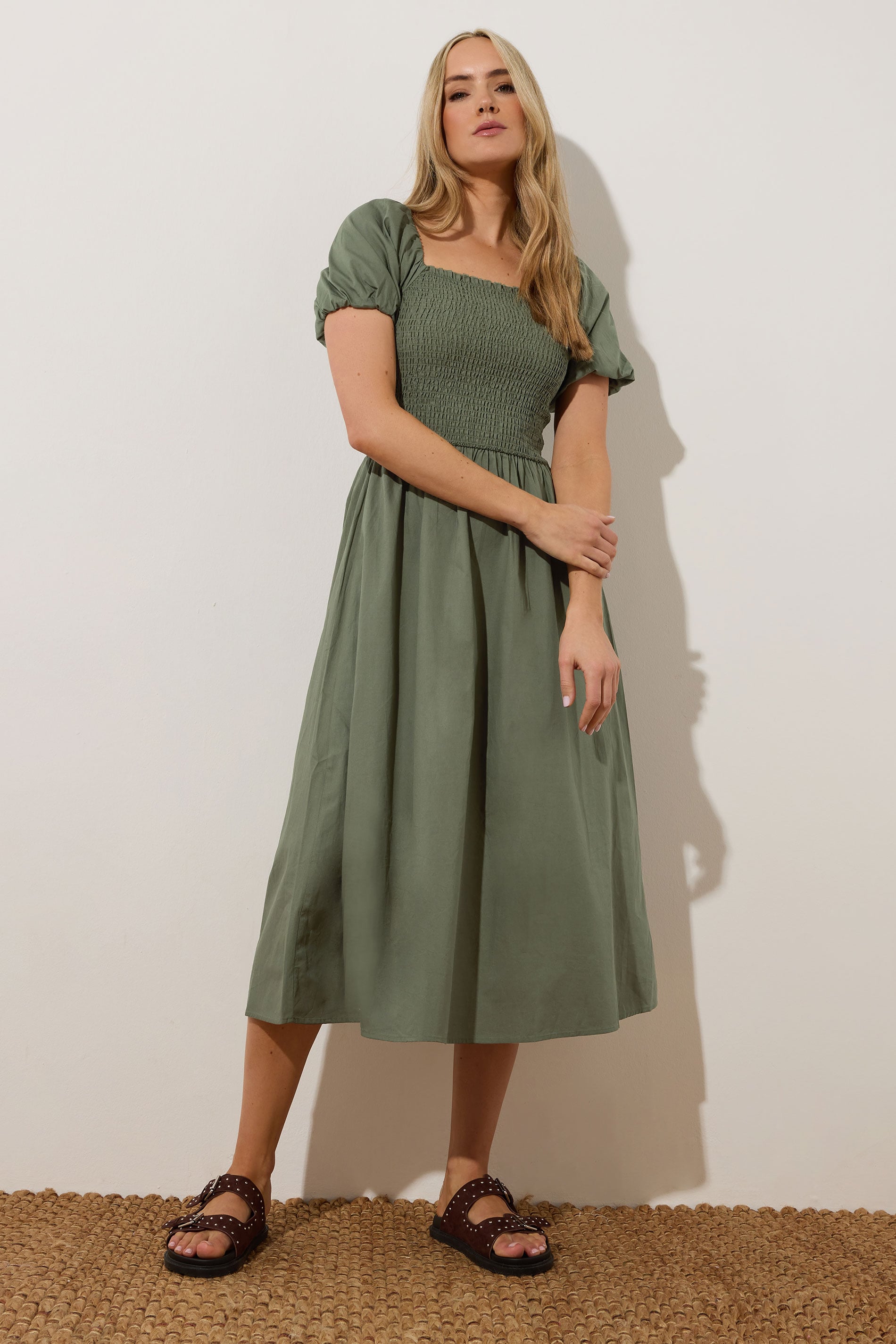 LTS Tall Khaki Green Shirred Cotton Puff Sleeve Midi Dress | Long Tall Sally 3