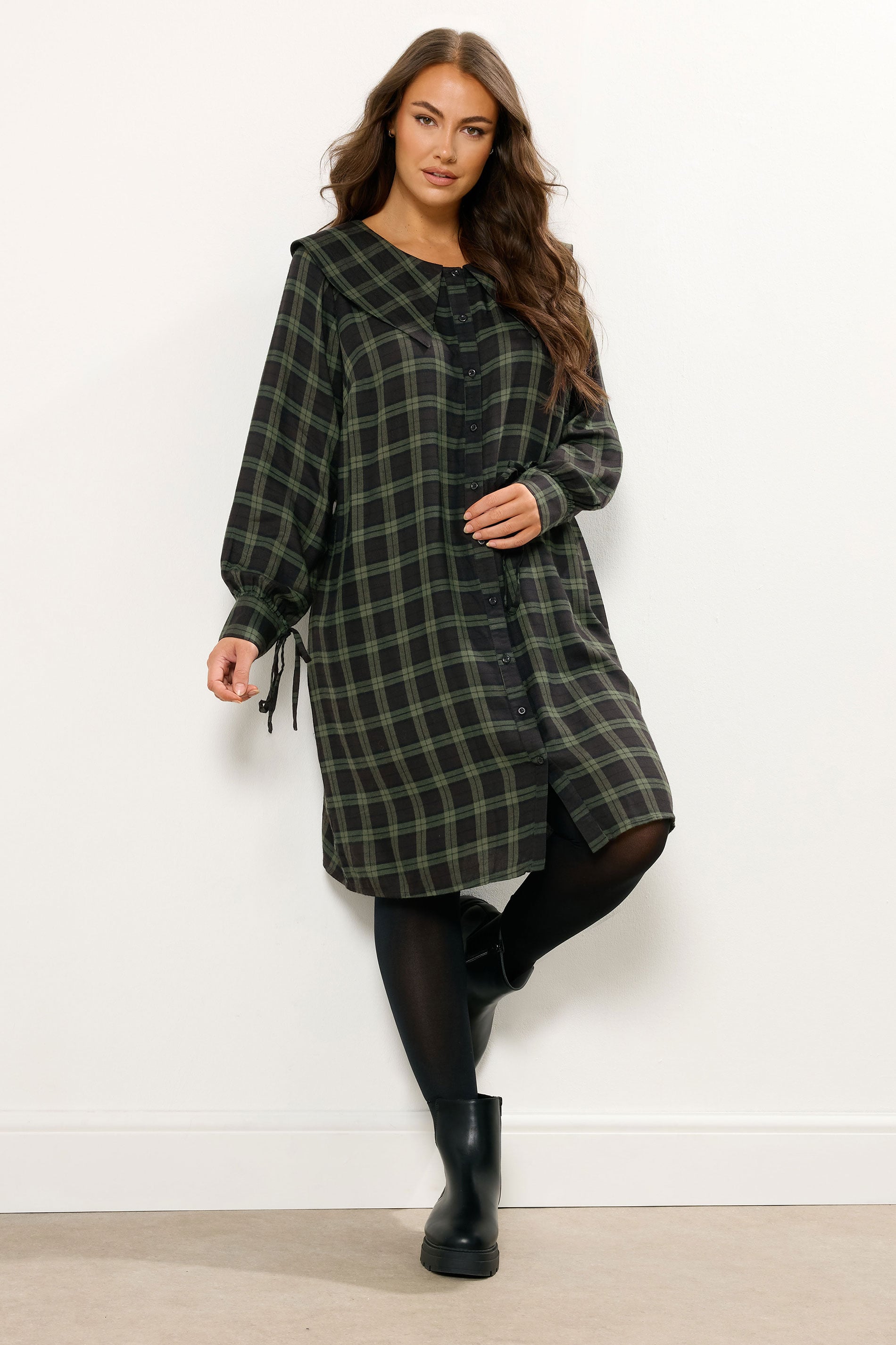 YOURS Plus Size Khaki Green Check Collar Mini Dress | Yours Clothing 3