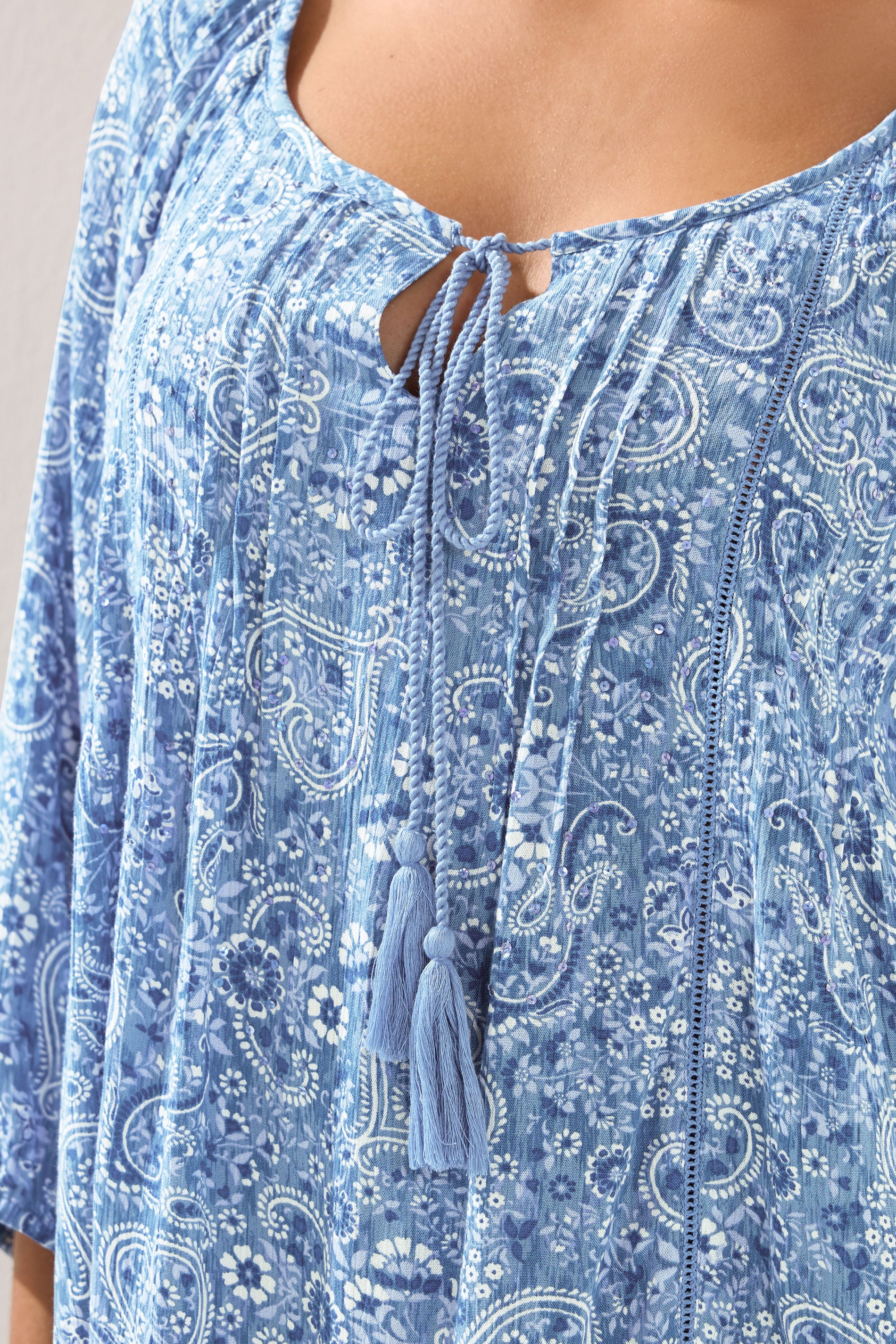 YOURS Plus Size Blue Paisley Print Sequin Tie Neck Top | Yours Clothing 4