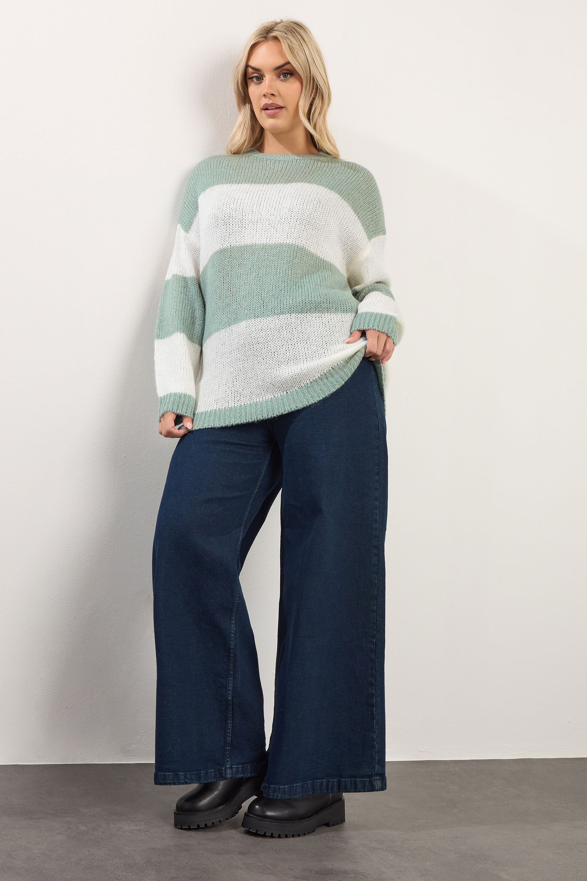 YOURS Plus Size Green & White Striped Knitted Soft Touch Jumper | Yours Clothing 1