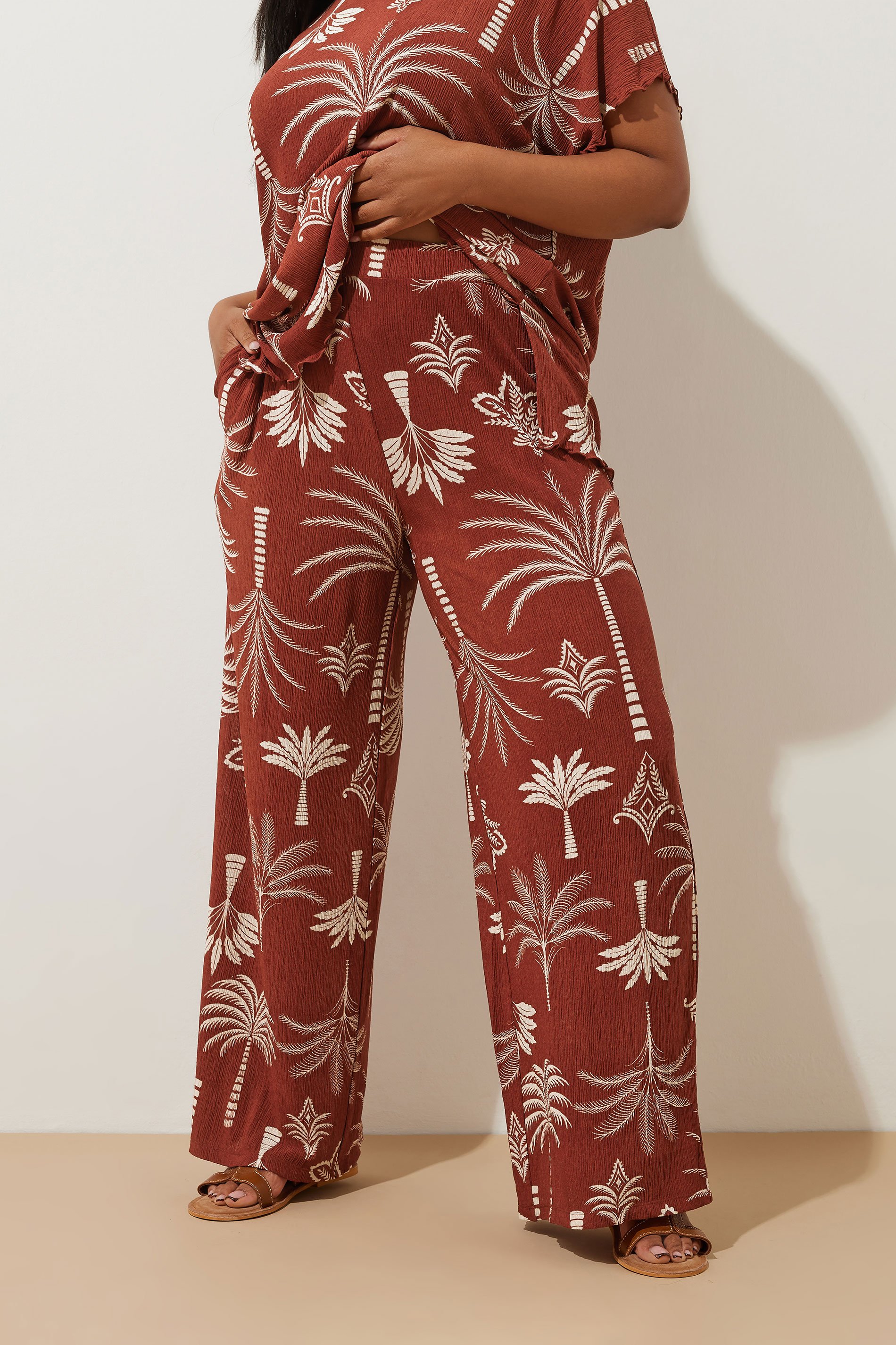 YOURS Plus Size Brown Palm Print Plisse Wide Leg Trousers | Yours Clothing 2