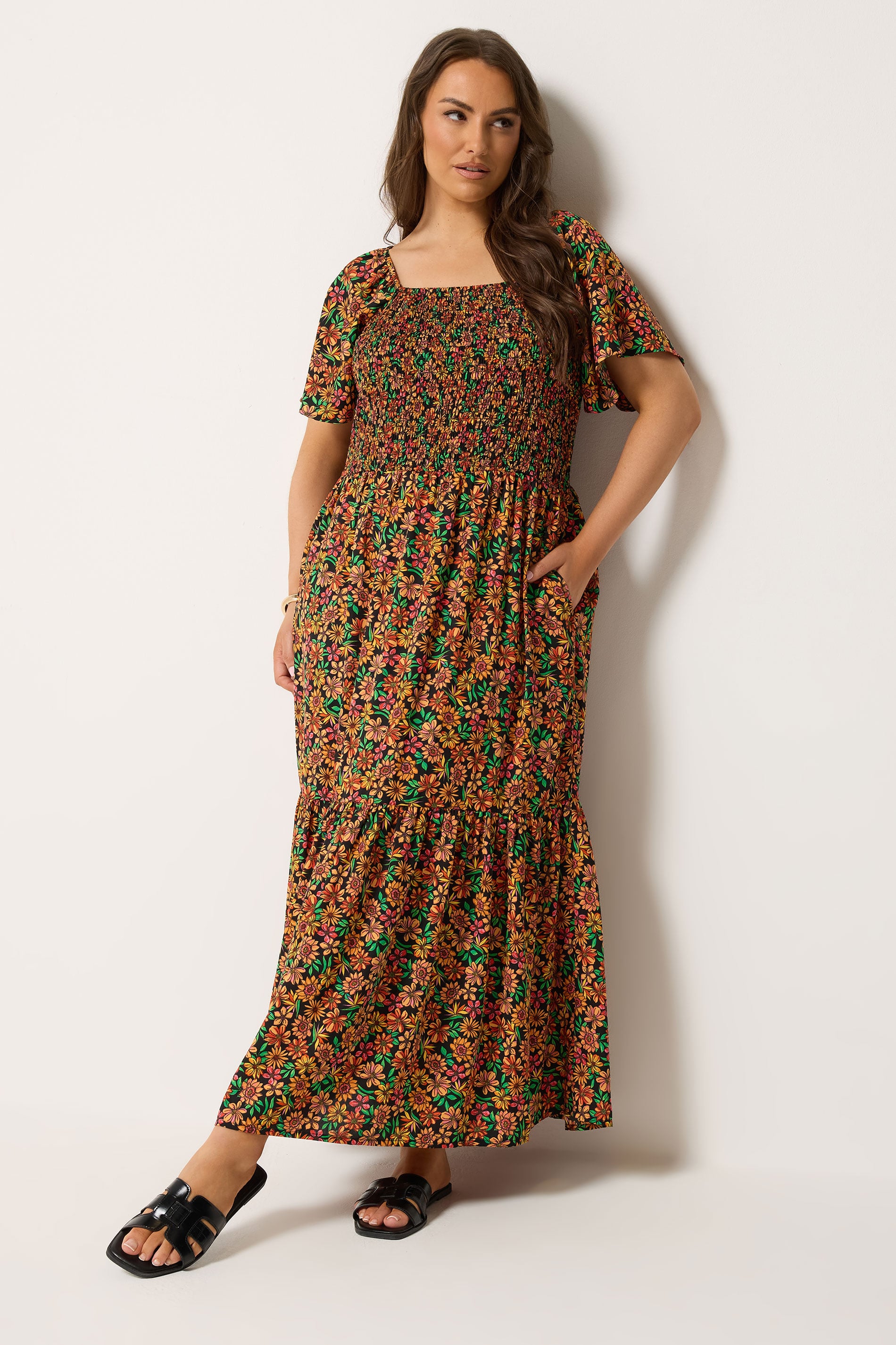 YOURS Plus Size Black Shirred Floral Maxi Dress | Yours Clothing 1