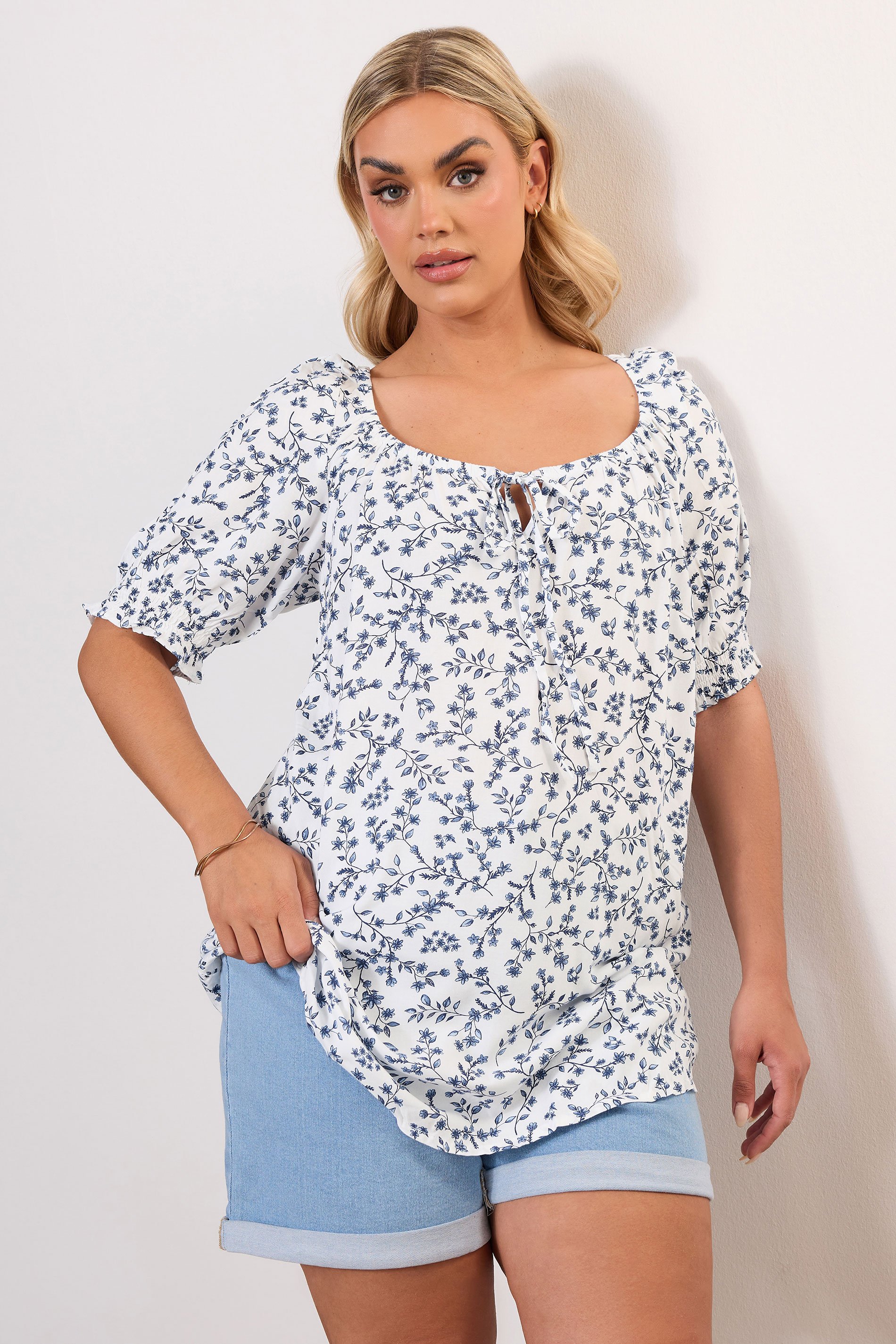 YOURS Plus Size White Floral Print Tie Front Top | Yours Clothing 1