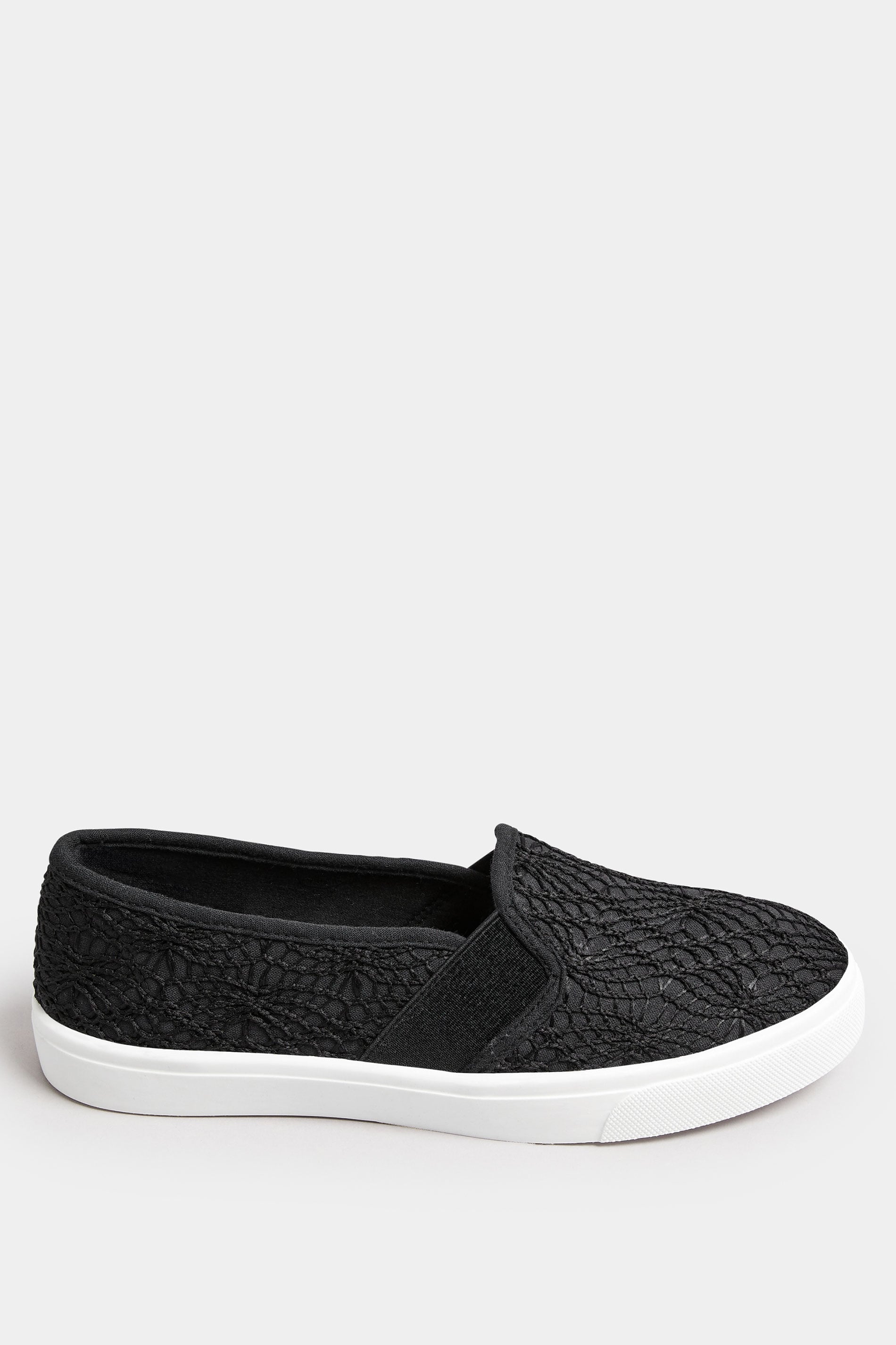 Black Broderie Anglaise Slip-On Trainers In Wide E Fit | Yours Clothing 2