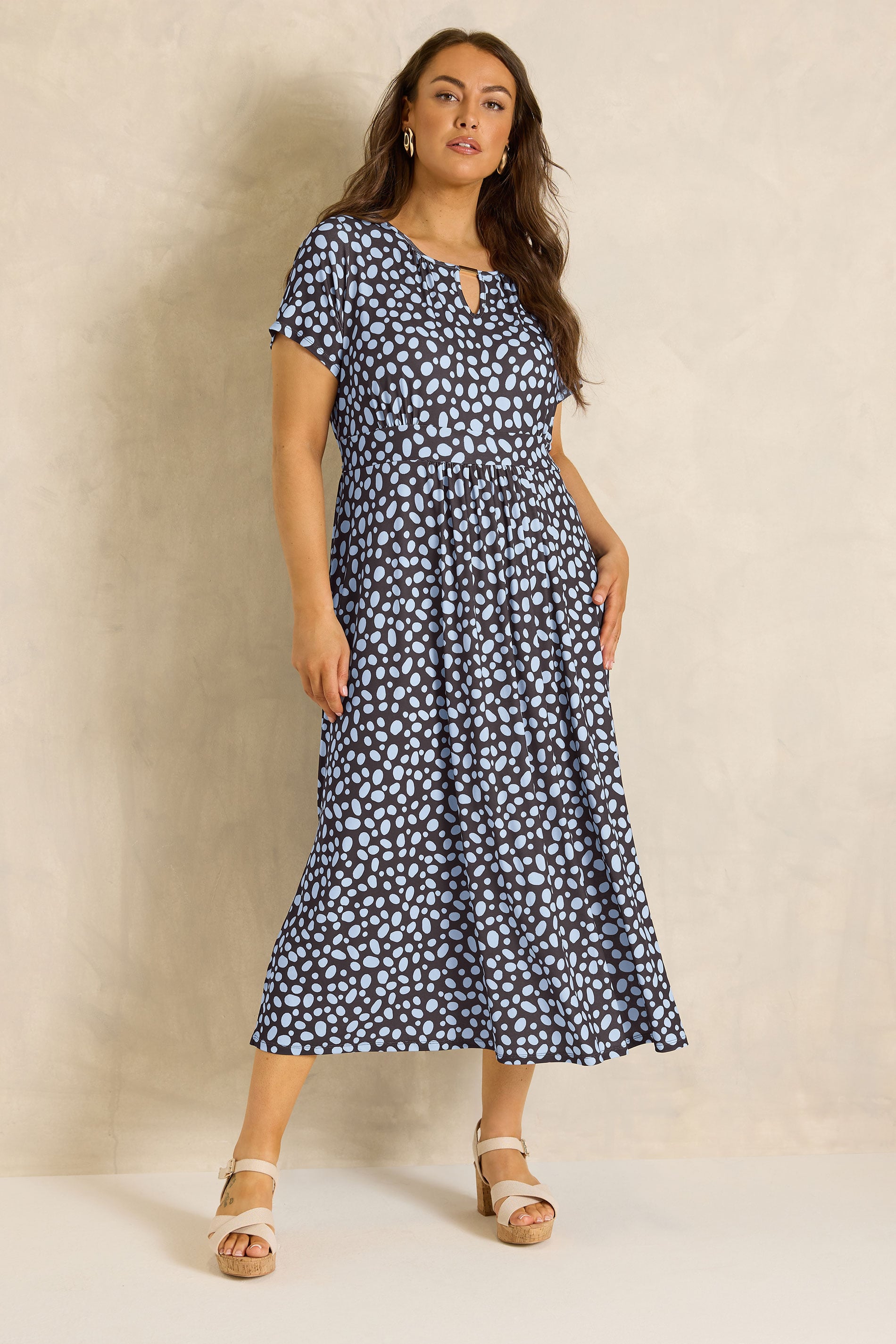 Evans Women's Brown Plus & Blue Spot Bar Detail Dress Size 26-28