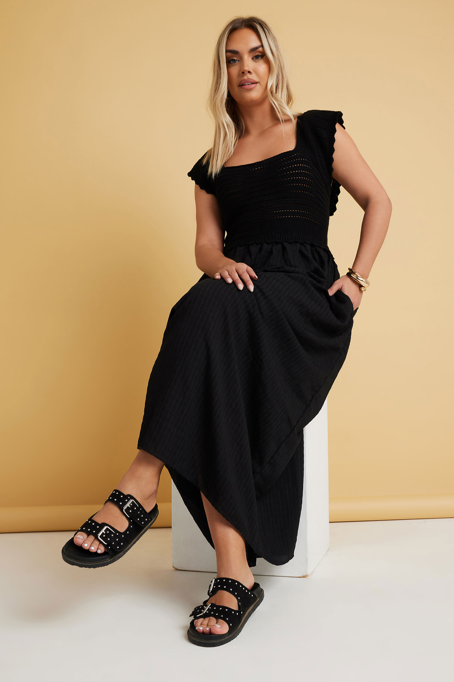 YOURS Plus Size Black Crochet Detail Woven Dress | Yours Clothing 5