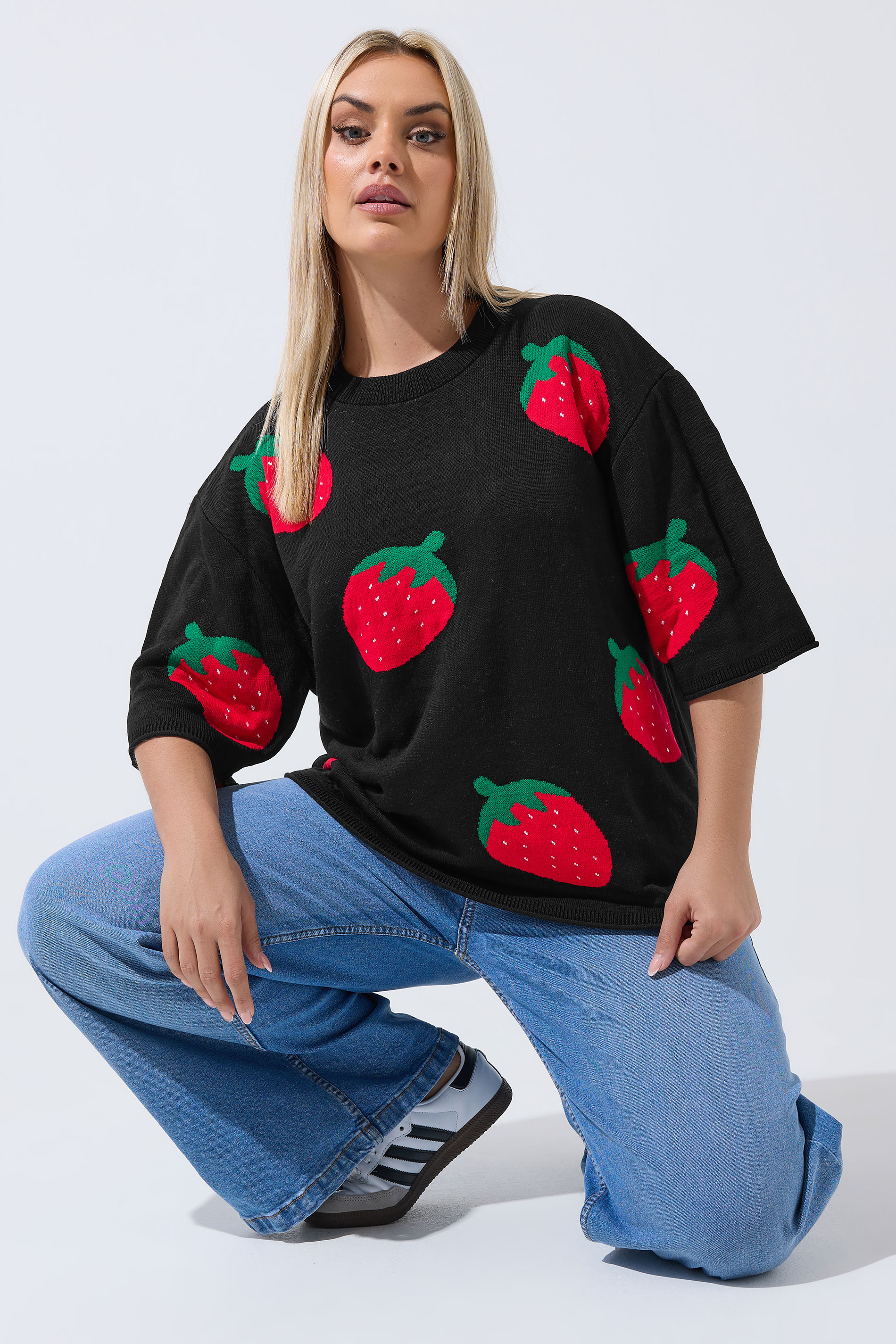 LIMITED COLLECTION Plus Size Black Strawberry Knitted Boxy Top | Yours Clothing 3