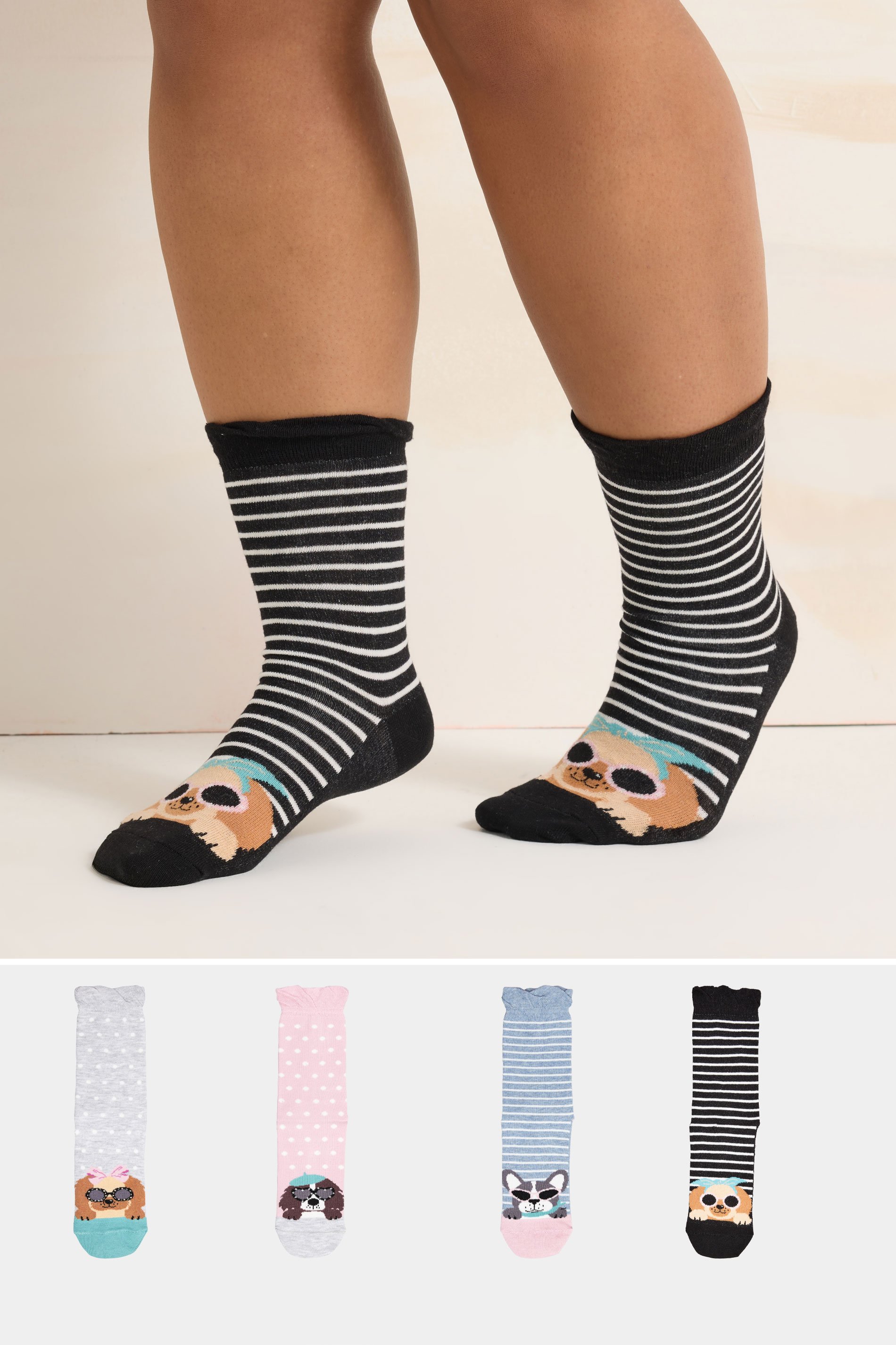 4 Pack Black & Blue Dog Print Ankle Socks | Yours Clothing 1