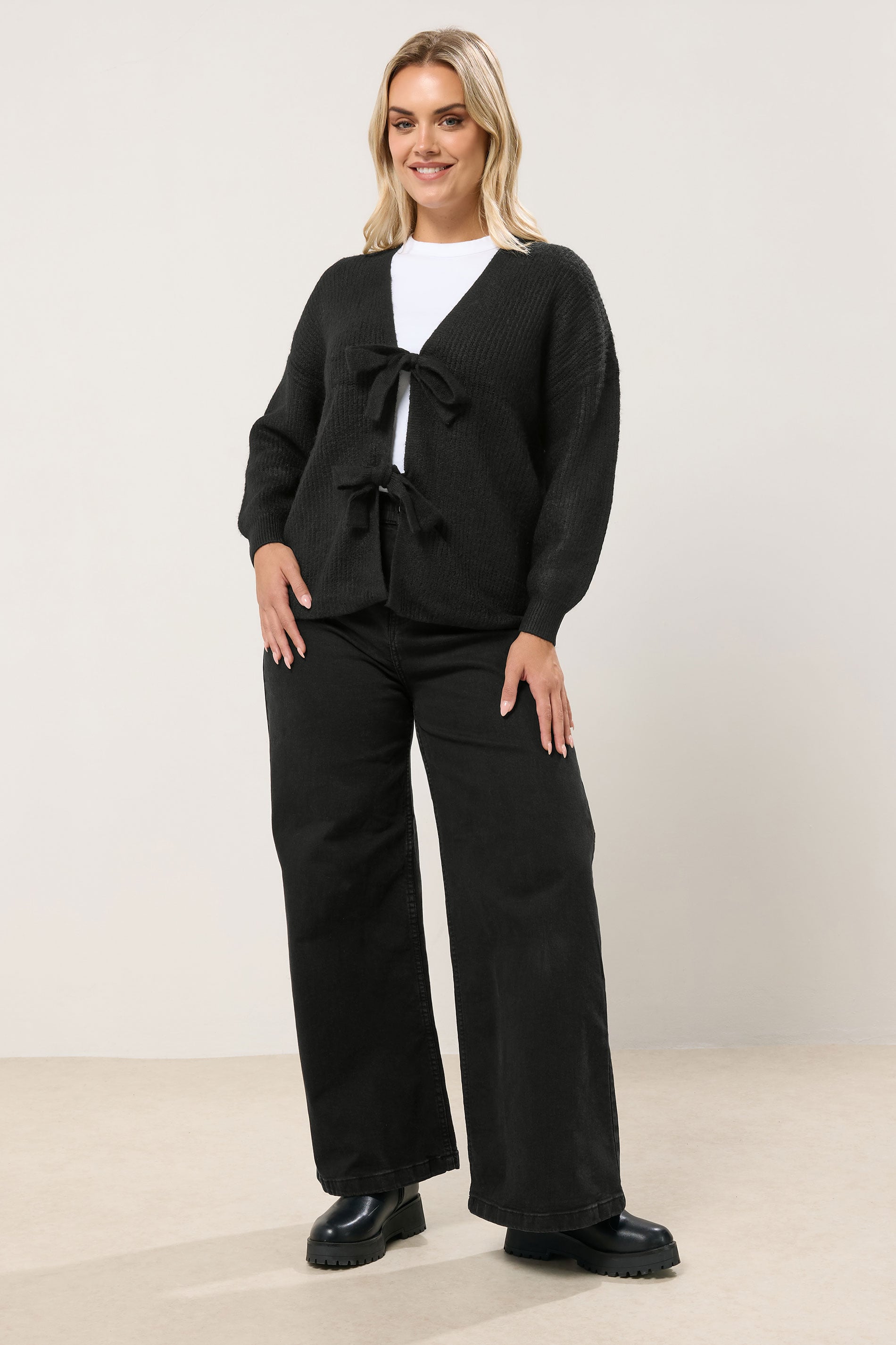 YOURS Plus Size Black Bow Tie Front Cardigan | Yours Clothing 1