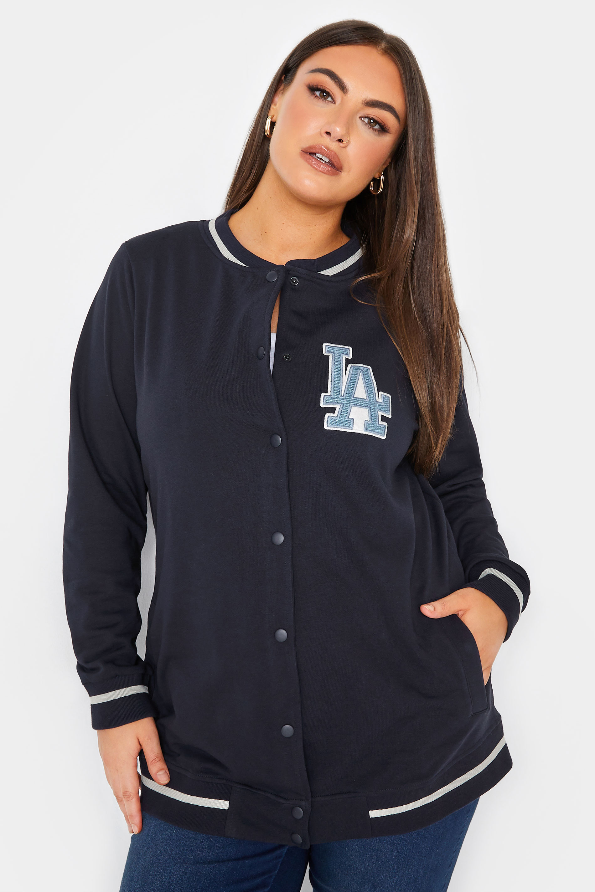 YOURS Plus Size Navy Blue 'LA' Varsity Bomber Jacket | Yours Clothing 1