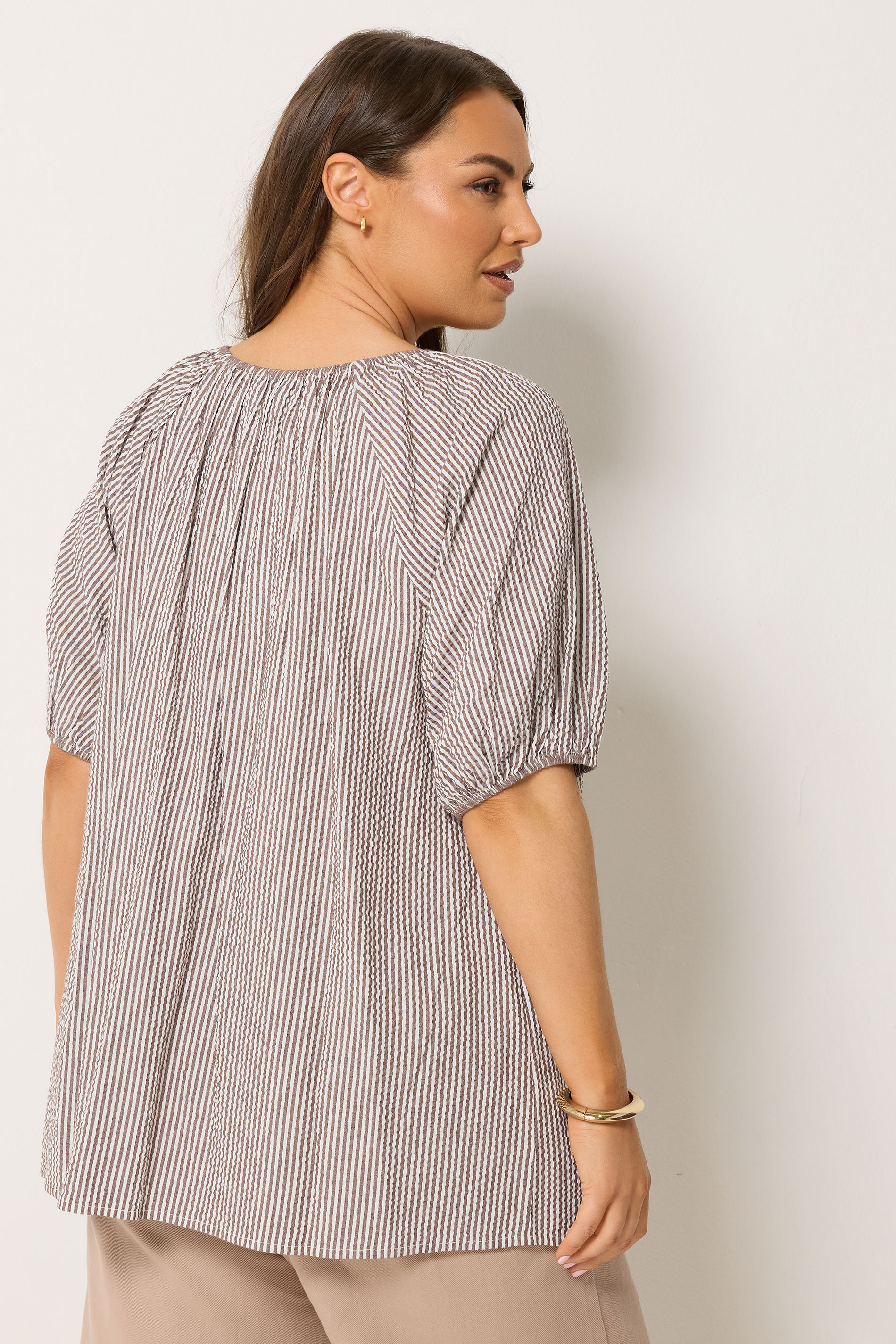 YOURS Plus Size Brown Stripe Print Puff Sleeve Blouse | Yours Clothing 2